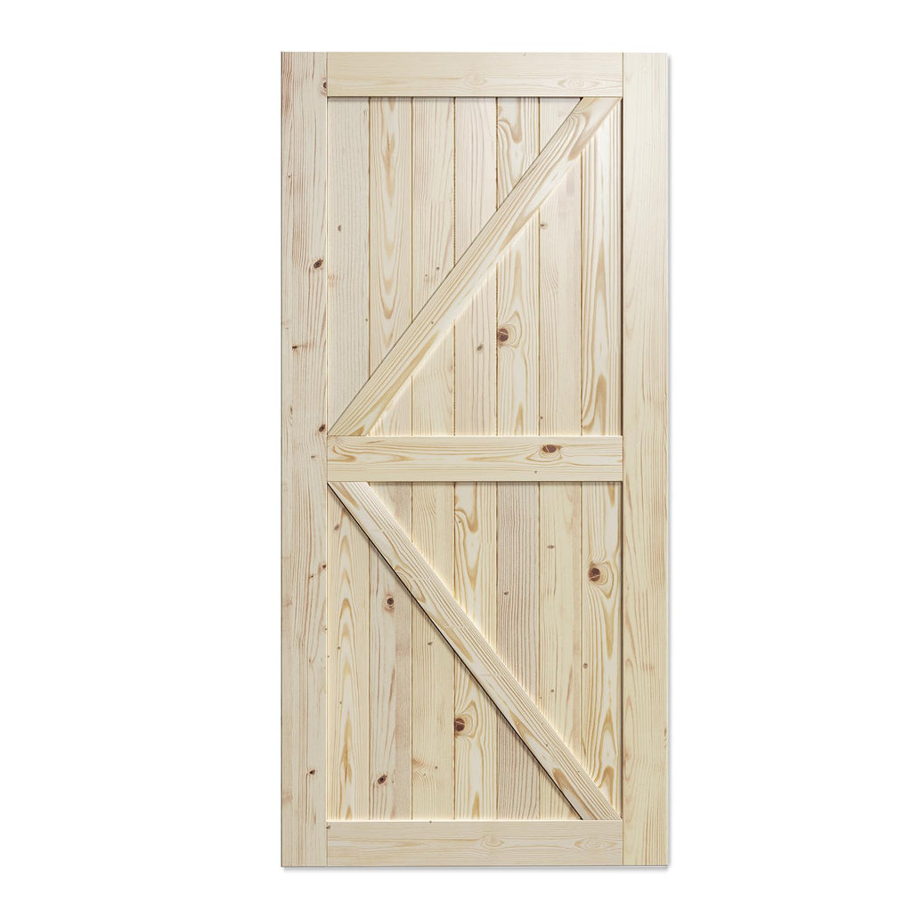 SmartStandard 24in x 80in Sliding Barn Wood Door Pre-Drilled Ready to Assemble, DIY Unfinished Solid Spruce Wood Panelled Slab, Interior Single Door Only, Natural, K-Frame (Fit 4FT Rail)