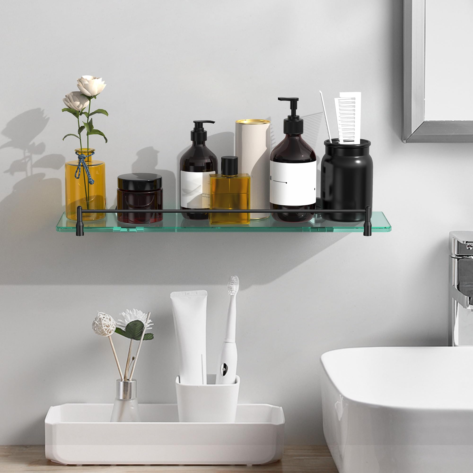 Glass Bathroom Shelves,Brushed Gold Floating Shelves for Wall Rectangular Modern Stainless Steel Glass Shelf for Bathroom Shelves wall Mounted 16 Inch