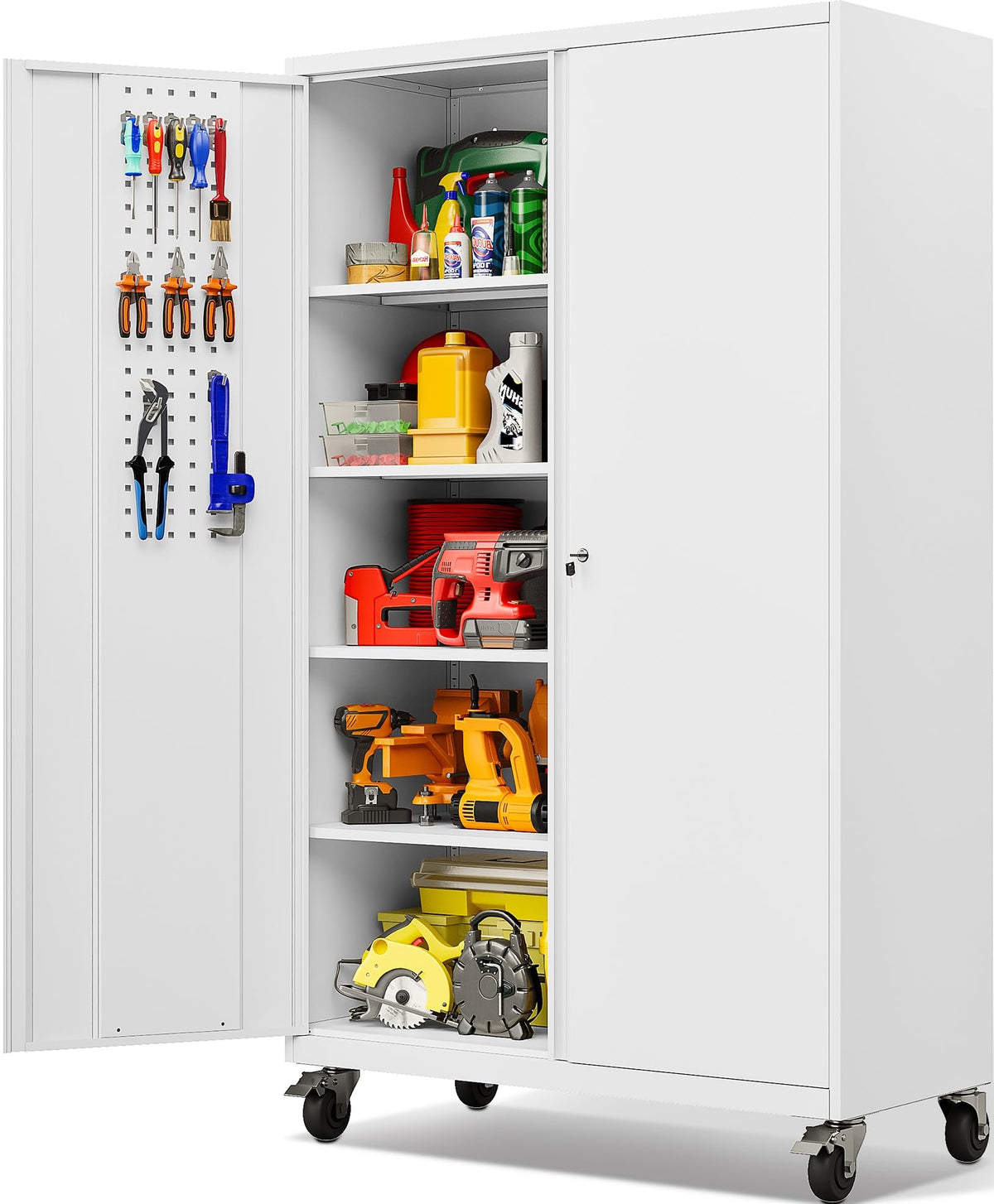 SISESOL Wide & Deep Metal Storage Cabinet with Wheels,Tall Rolling Garage Storage Cabinet with Lock,Black Metal Cabinets with Pegboards and Shelves,Tool Locker for Garage,Home,Office,43''Wx 20''Dx71"H