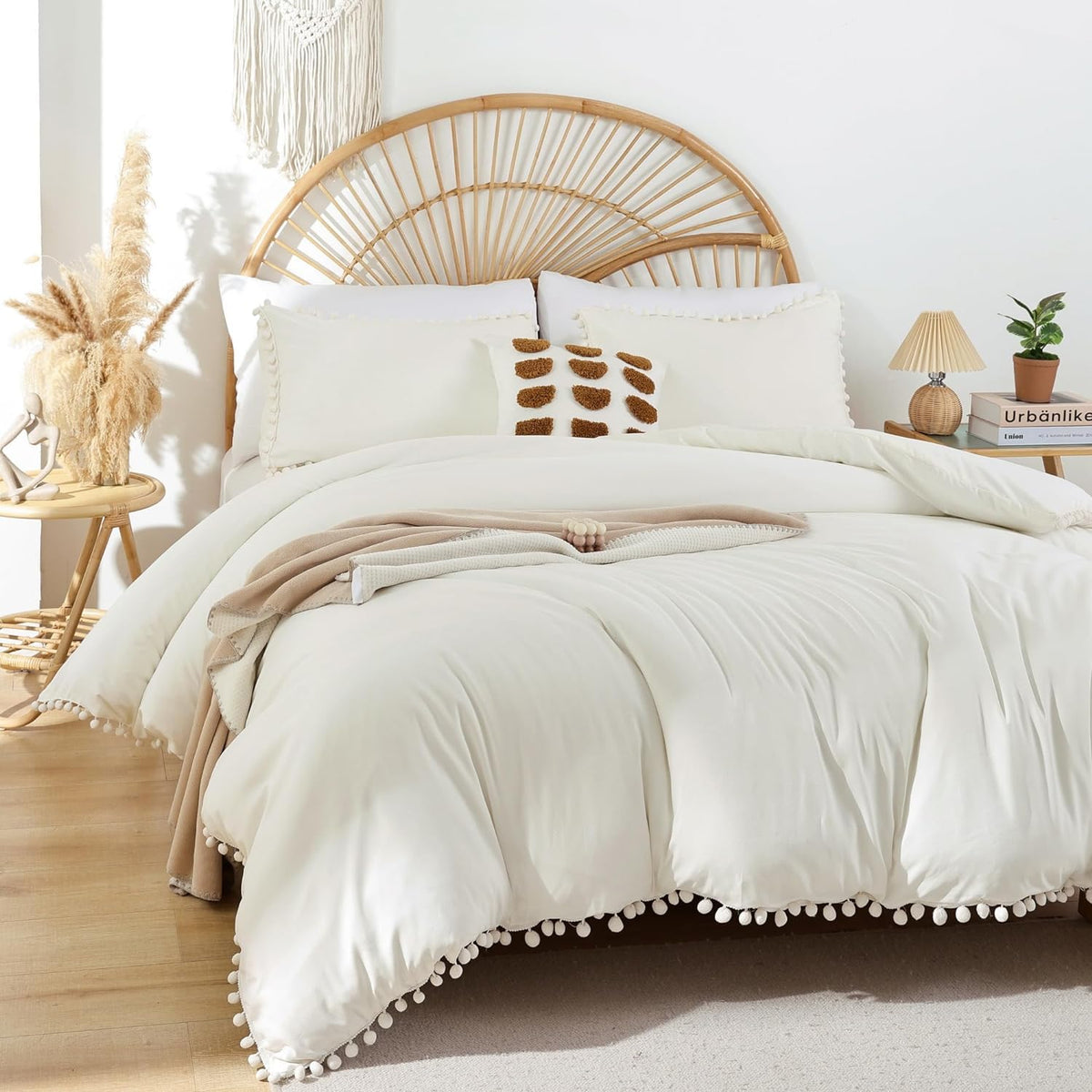 YIRDDEO Twin Comforter Set - Comforter Twin Size Bed with Ball Pom Fringe, Soft Bedding Set for All Seasons - 2 Pieces, 1 Comforter (66"x90") & 1 Pillow Sham(20"x26"), Beige