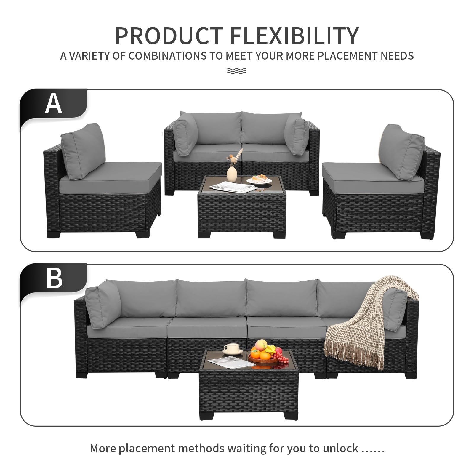WAROOM Outdoor 5 Piece Patio Furniture Set, Black Rattan Conversation Couch Resin Wicker Sectional Sofa Outside Chair with Coffee Table, Grey Cushion