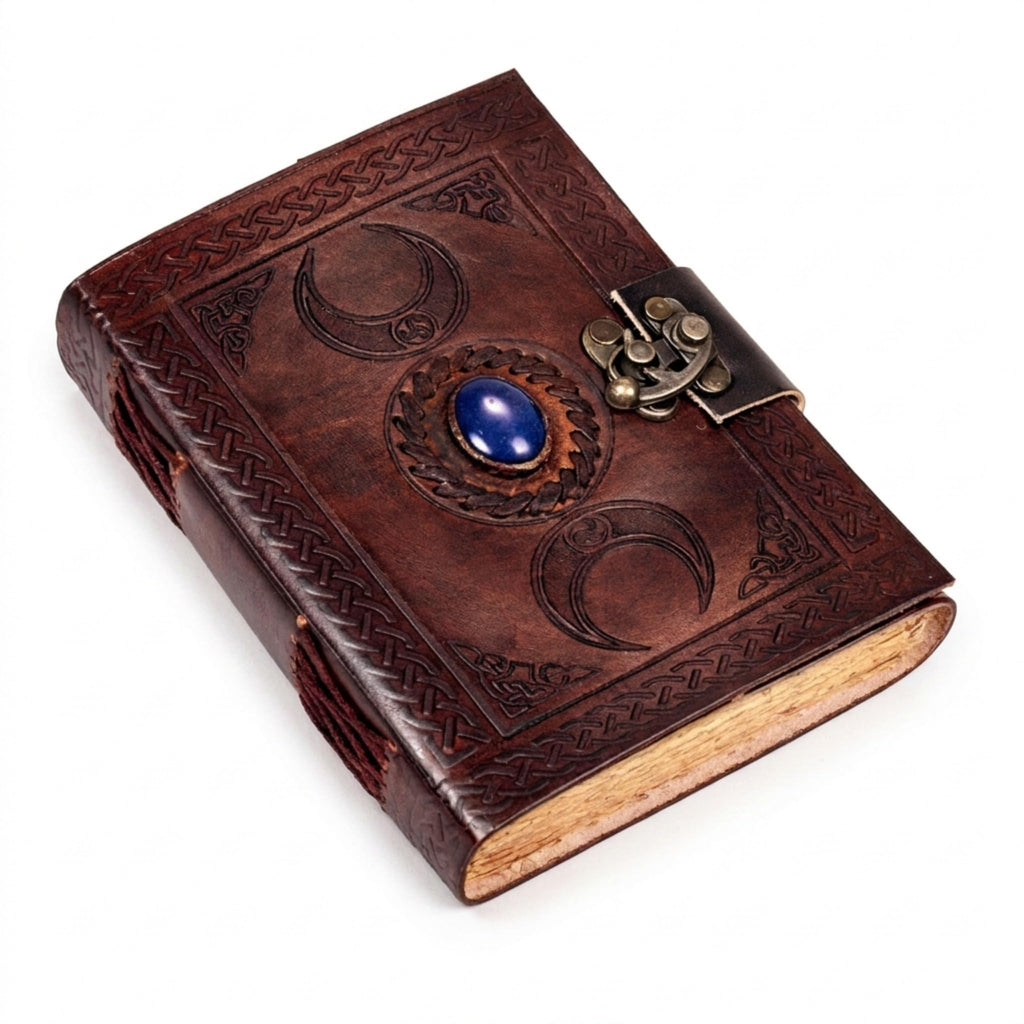 3 Moon Blue Lapis Embossed Vintage Leather Journal | 240 Pages of Antique Handmade Deckle Edge Vintage Paper, Leather Sketchbook, Drawing Journal, Great Gift (5 by 7 inch, black)