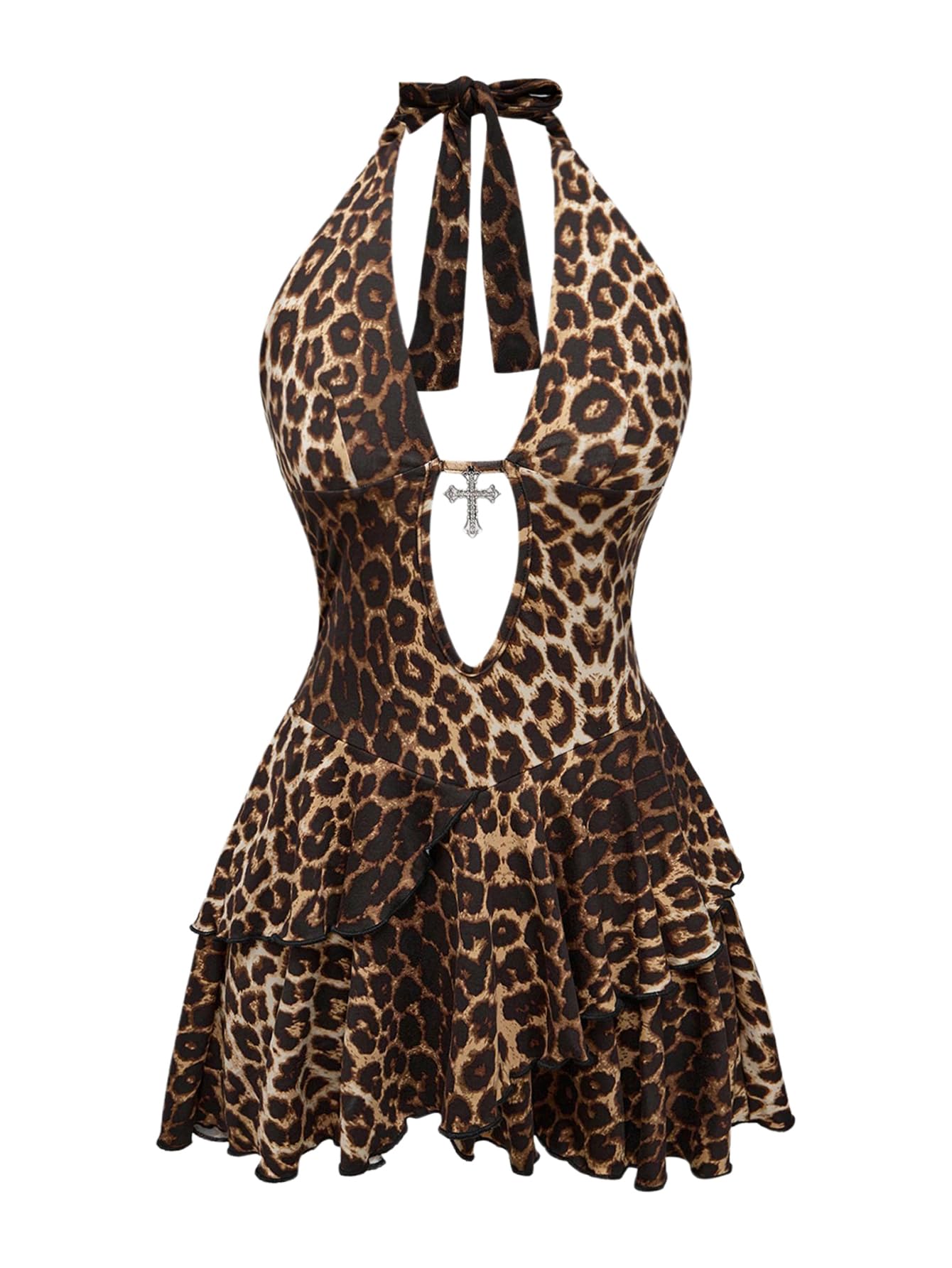 SOLY HUX Women's Plus Size Leopard Print Halter Dress Y2k Gothic Deep V Cheetah Tie Backless Layered Ruffle Mini Dresses