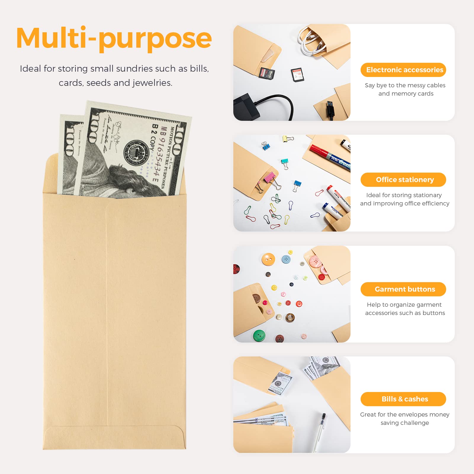 ACSTEP 500 Pack Coin and Small Parts Envelopes #1 Tip Envelope 2-1/4 X3-1/2 Mini Envelope with Gummed Flap for Home, Garden or Office Use(Black)