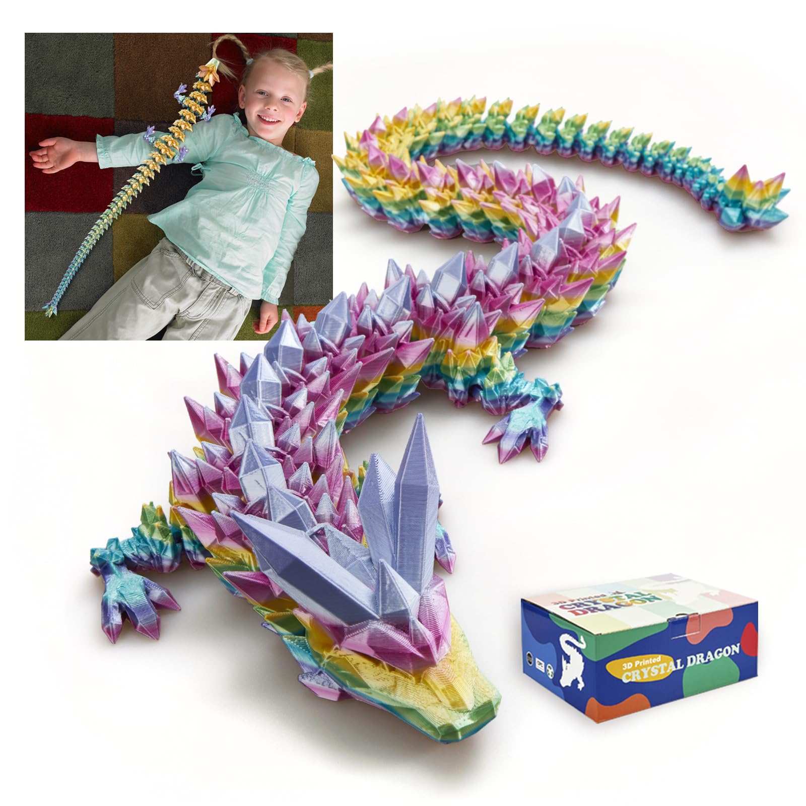 24" Large 3D Printed Dragon - Huge Articulated Crystal Dragon Fidget Toy, Giant Flexible 3D Dragon Figure, Birthday Gift for Boys Girls Kids & Collectors, Home Office Executive Desk Decor