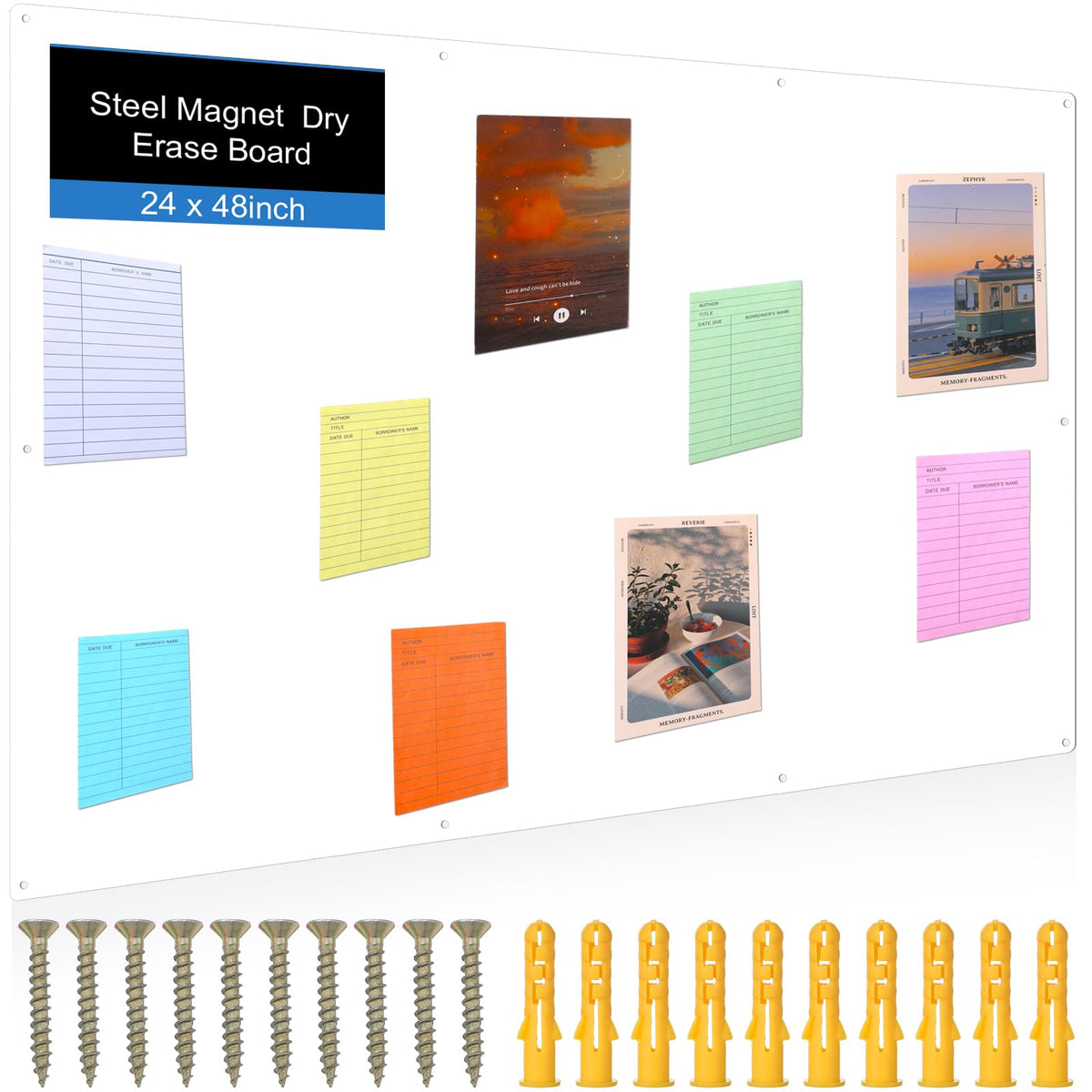 Ireer Magnetic Board Steel Magnet Bulletin Boards for Walls to Display Magnetic Notes Photos for Home Office Classroom, Pre Drilled with Screws and Dry Wet Erase Feature(Black,24 x 48 Inch)