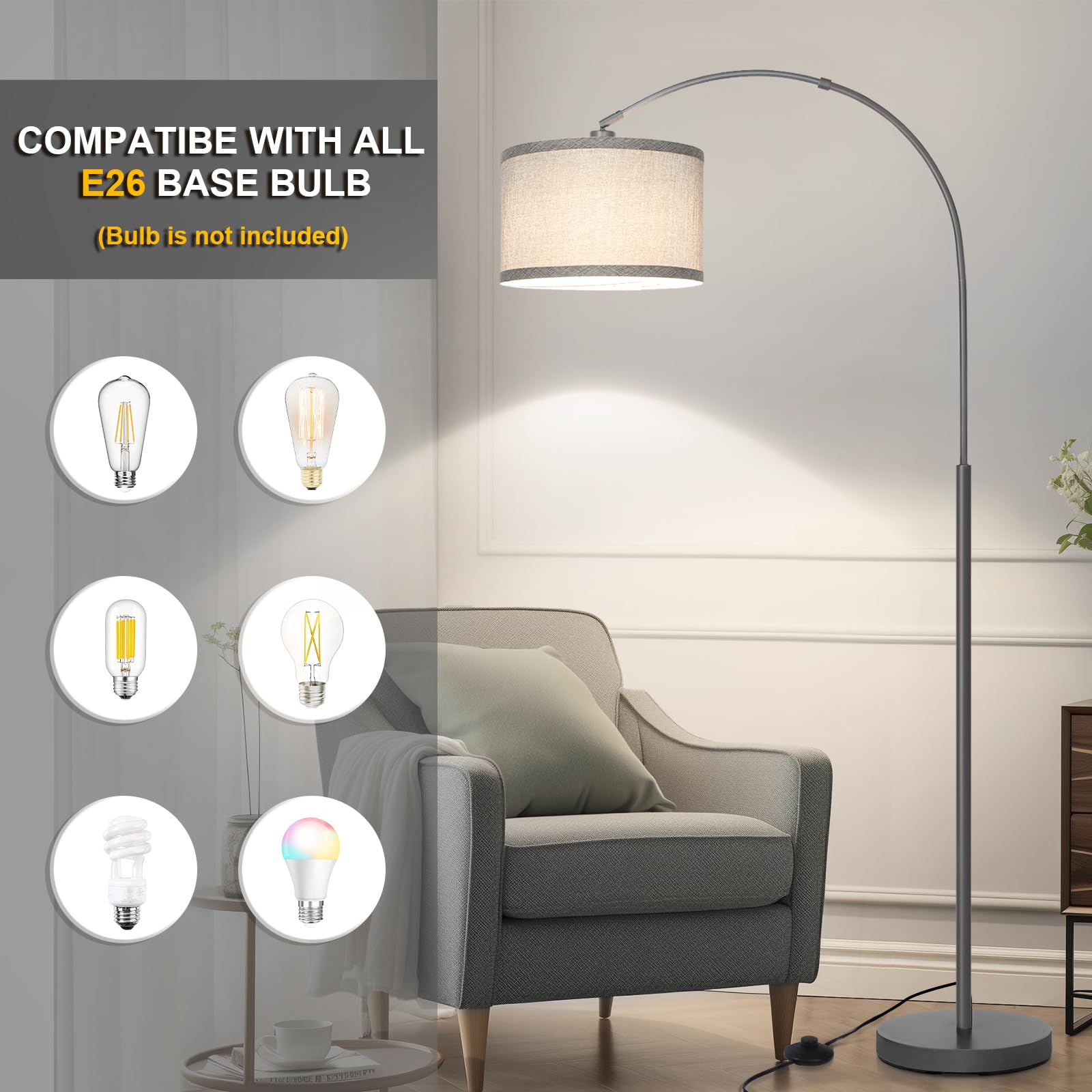 Rattan Floor Lamp, Arc Floor Lamps for Living Room, Farmhouse Standing Lamp with Adjustable Hanging Fabric Shade, Tall Pole Lamp with Foot Switch, Over Couch Arched Reading Light for Bedroom, Office