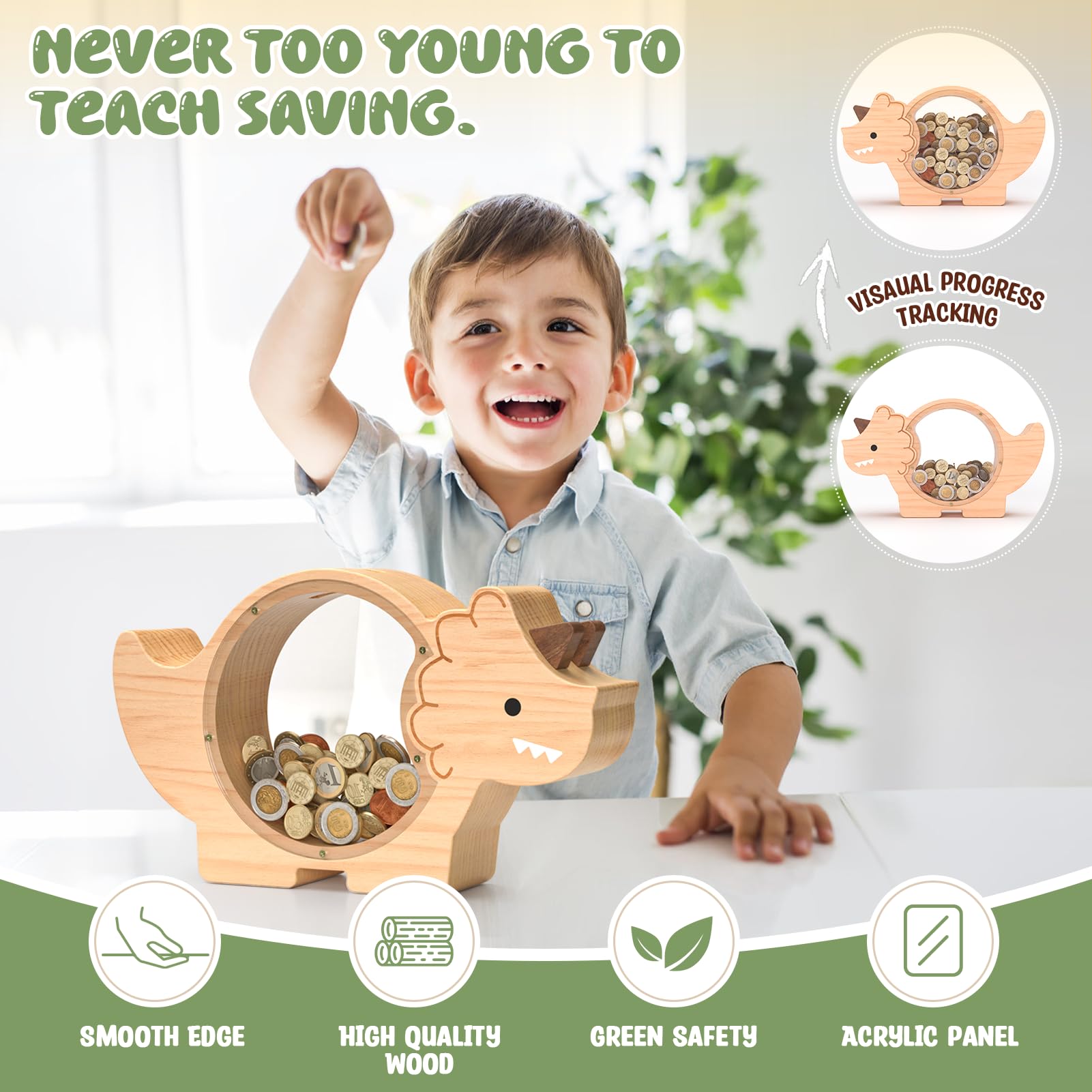 Summidate Wooden Dinosaur Piggy Bank for Kids Boys, Cute Wood Dino Money Bank for Toddlers, Creative Saving Coin Jar, Personalized Present for Child Birthday & Decor (Brachiosaurus, Custom)