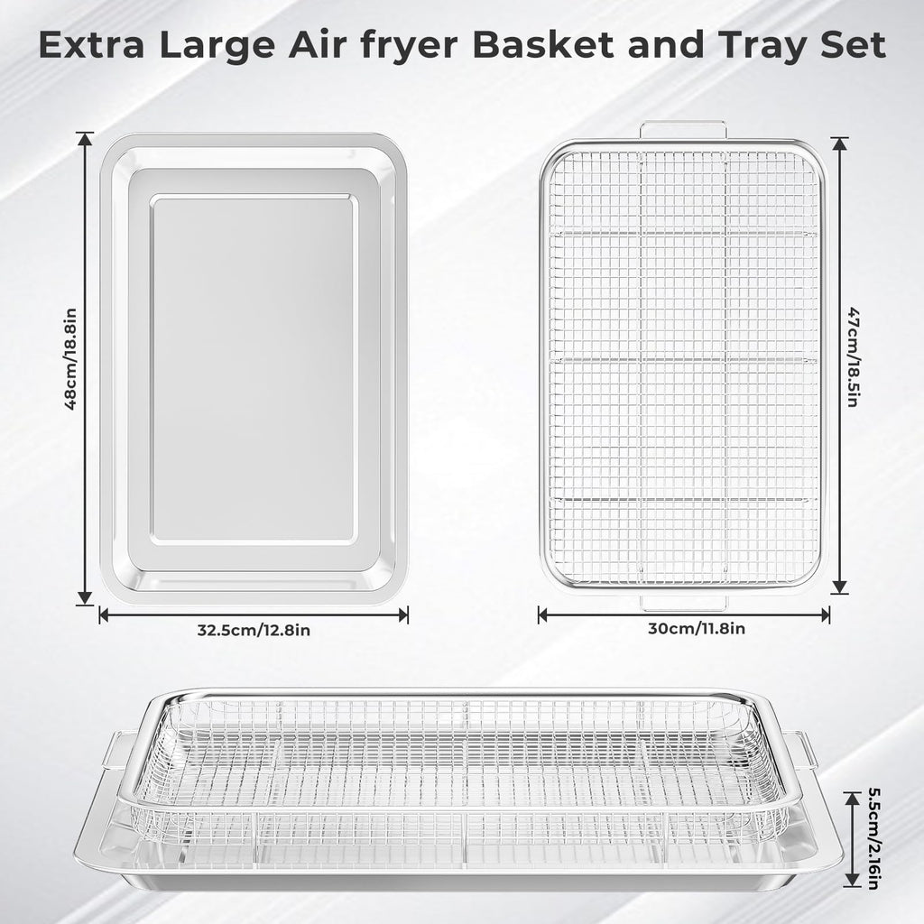 Air Fryer Basket for Oven, Large14.88"×10.98"Air Fryer Pans for Convection Oven with 30 Sheet Parchment Papers, THORSES Non-Stick Stainless Steel Air Fryer Basket and Tray for Multi Cooking - Black