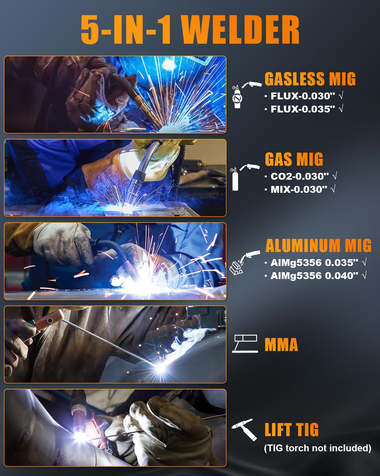 AZZUNO MIG Welder Machine 110V/220V, 155Amp 5-in-1 Gas MIG/Aluminum MIG/Gasless Flux MIG/Lift TIG/Stick Welding Machine, Wire Feed Welder