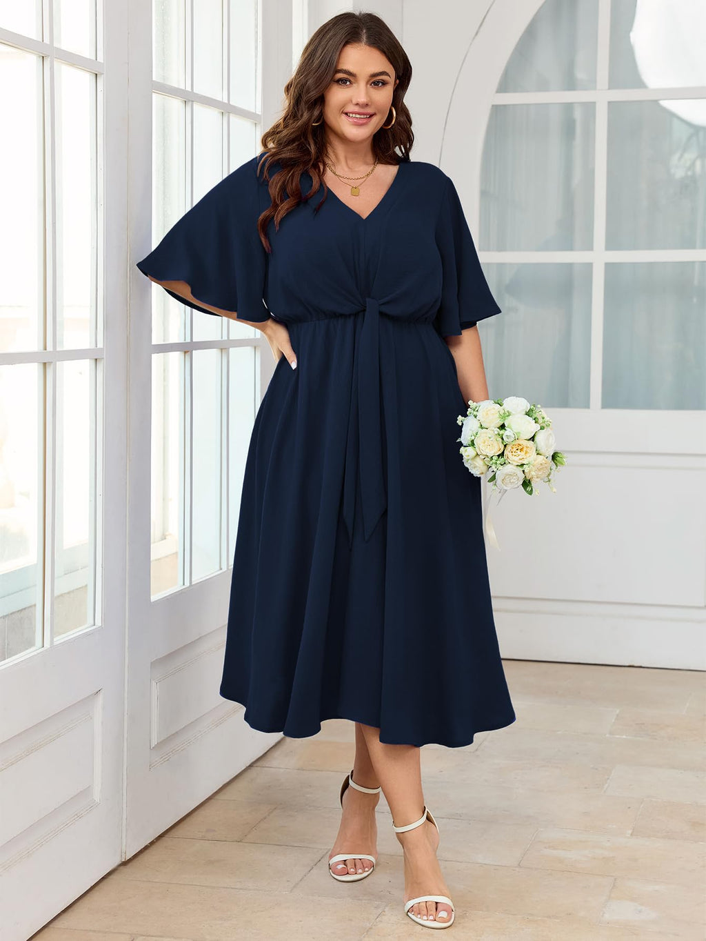 SCOMCHIC Women Plus Size Midi Dresses Wedding Guest Short Sleeve V Neck Tie Waist Casual Summer Flowy A Line Dress