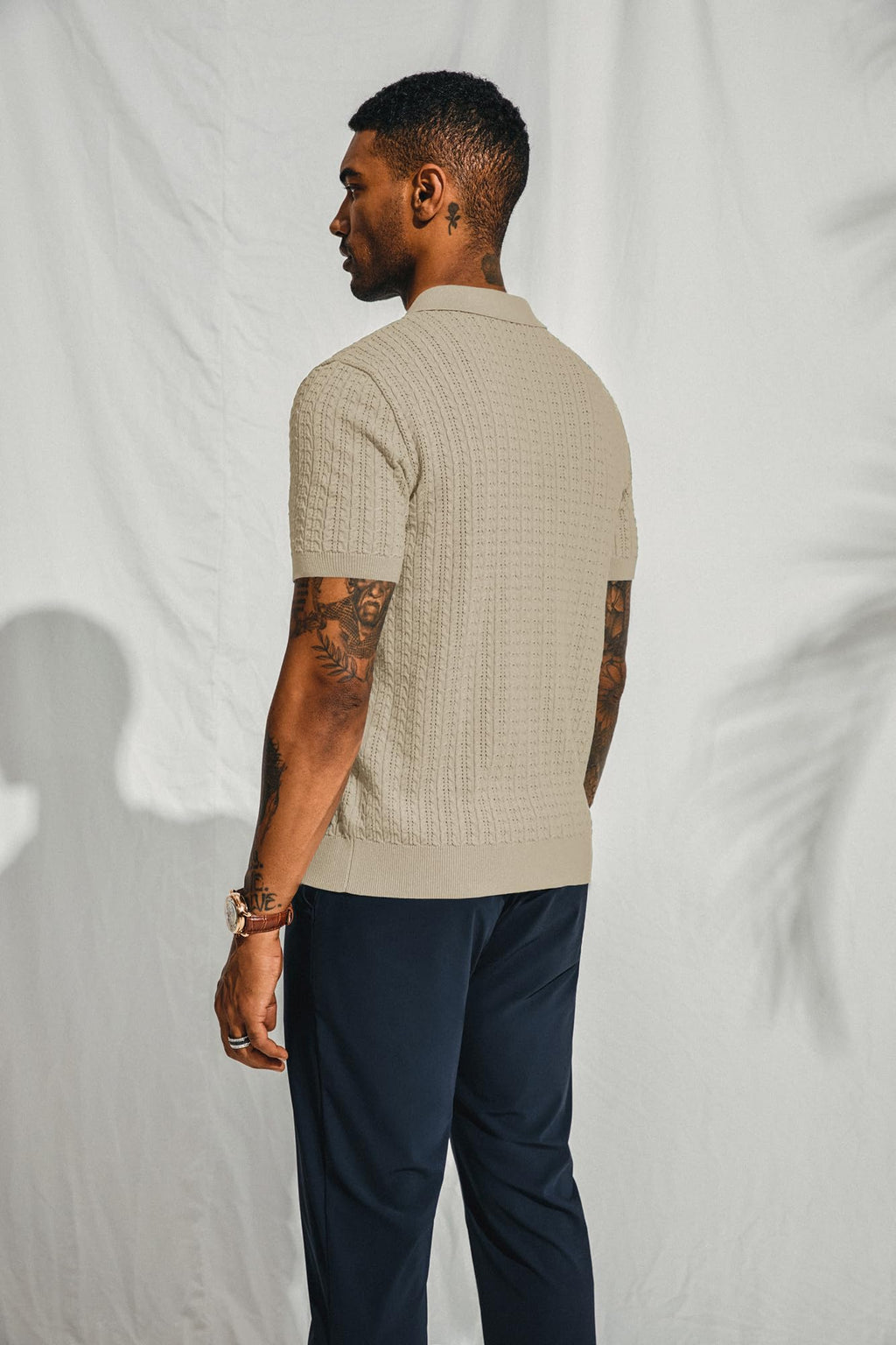 PJ PAUL JONES Mens Knit Polo Shirt Short Sleeve Hollow Out Knit Shirt Texture Knitted Polo