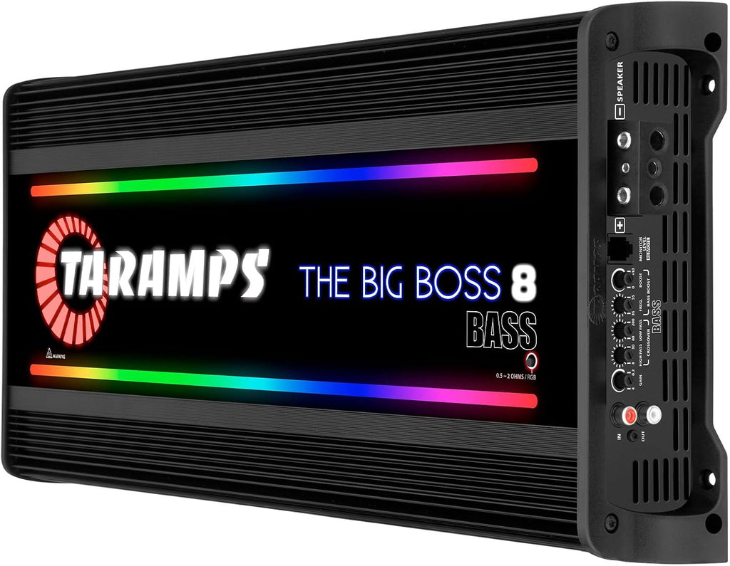 Taramps The Big Boss 8 Bass Black Color Amplifier 0.5 to 2 Ohms 8000 Watts RMS 108 RGB Effects, Multi Impedance, Monoblock Class D, Smart 8k Car Audio