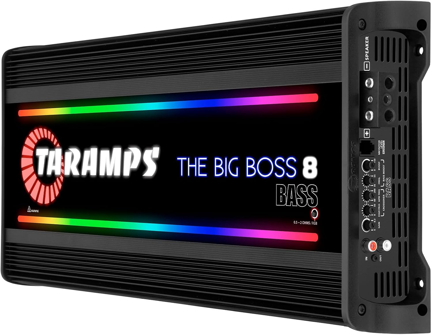 Taramps The Big Boss 8 Bass Black Color Amplifier 0.5 to 2 Ohms 8000 Watts RMS 108 RGB Effects, Multi Impedance, Monoblock Class D, Smart 8k Car Audio
