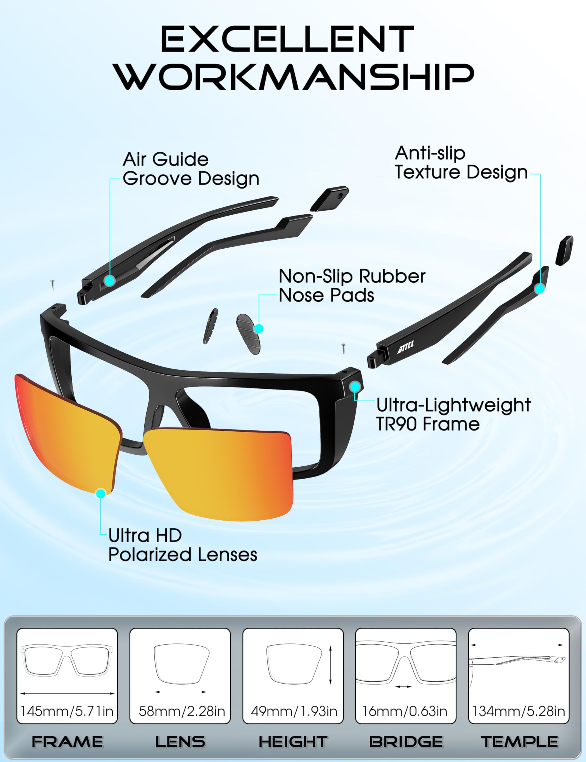 ATTCL Sports Polarized Sunglasses for Men: Secure Anti-Slip Lightweight TR90 Square Frame UV Protection for Driving Fishing