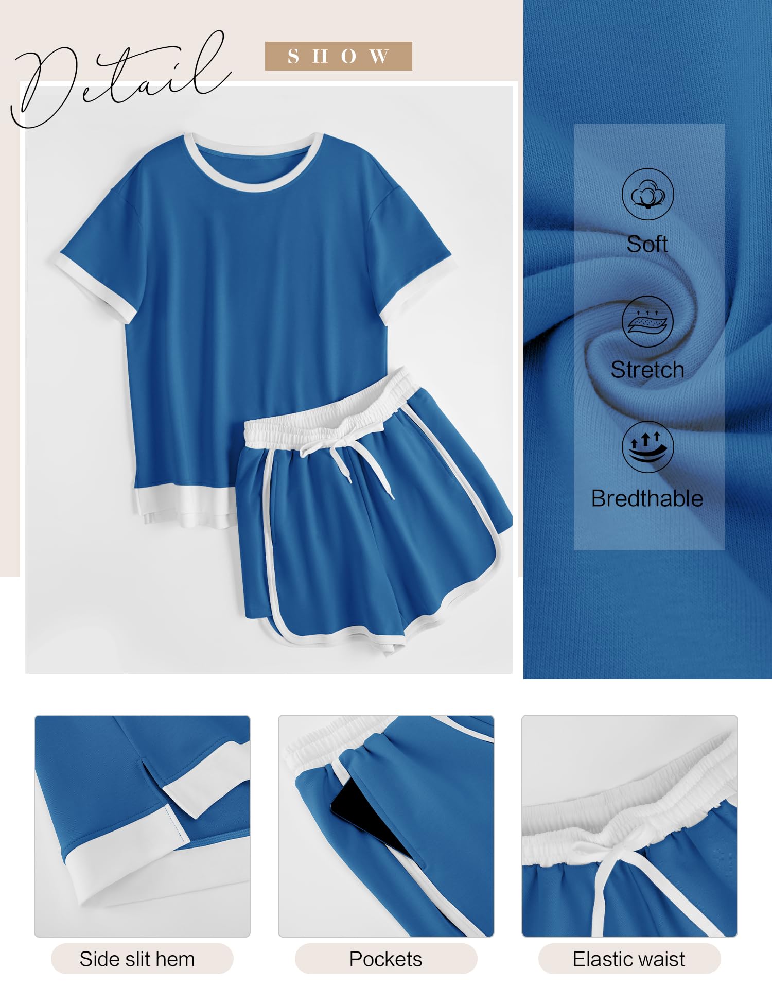 AKEWEI Shorts Sets Women 2 Piece Outfits Casual Short Sleeve Crewneck Tops and Drawstring Shorts Color Block Sets