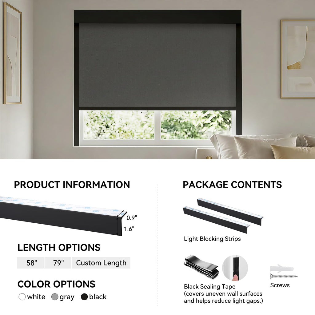 ZSTARR PVC Light Blockers Blackout Light Blockers Side Tracks for Window Shades Blinds Side Tracks for Blackout Shades Easy to Install Light Blocking Strips for Bedroom (Black, 58",2Pcs)