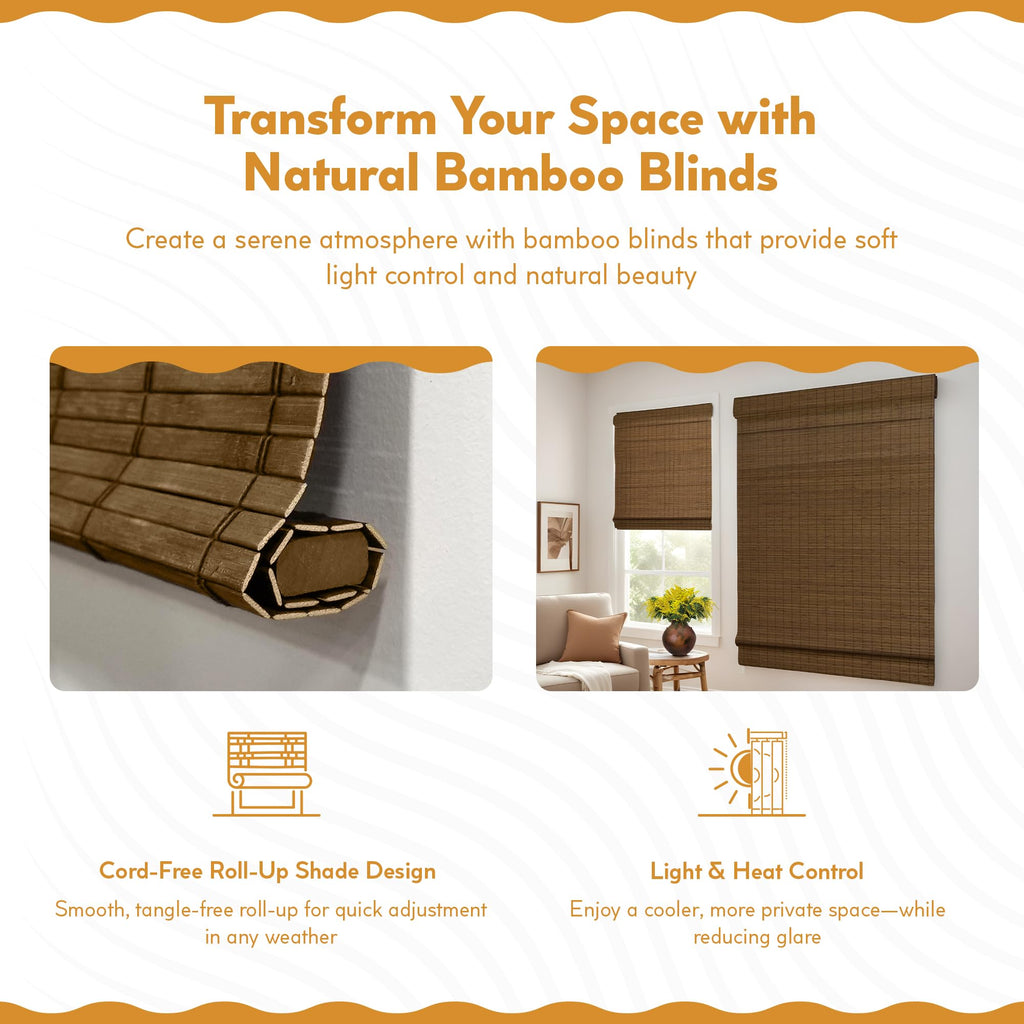 Radiance Cordless Bamboo Roman Shades for Windows - Flatstick Bamboo Blinds for Semi-Private Light Control - Easy to Lift & Fold Up Window Shades - Cocoa - 23 in. W x 64 in. L - (2216300E)
