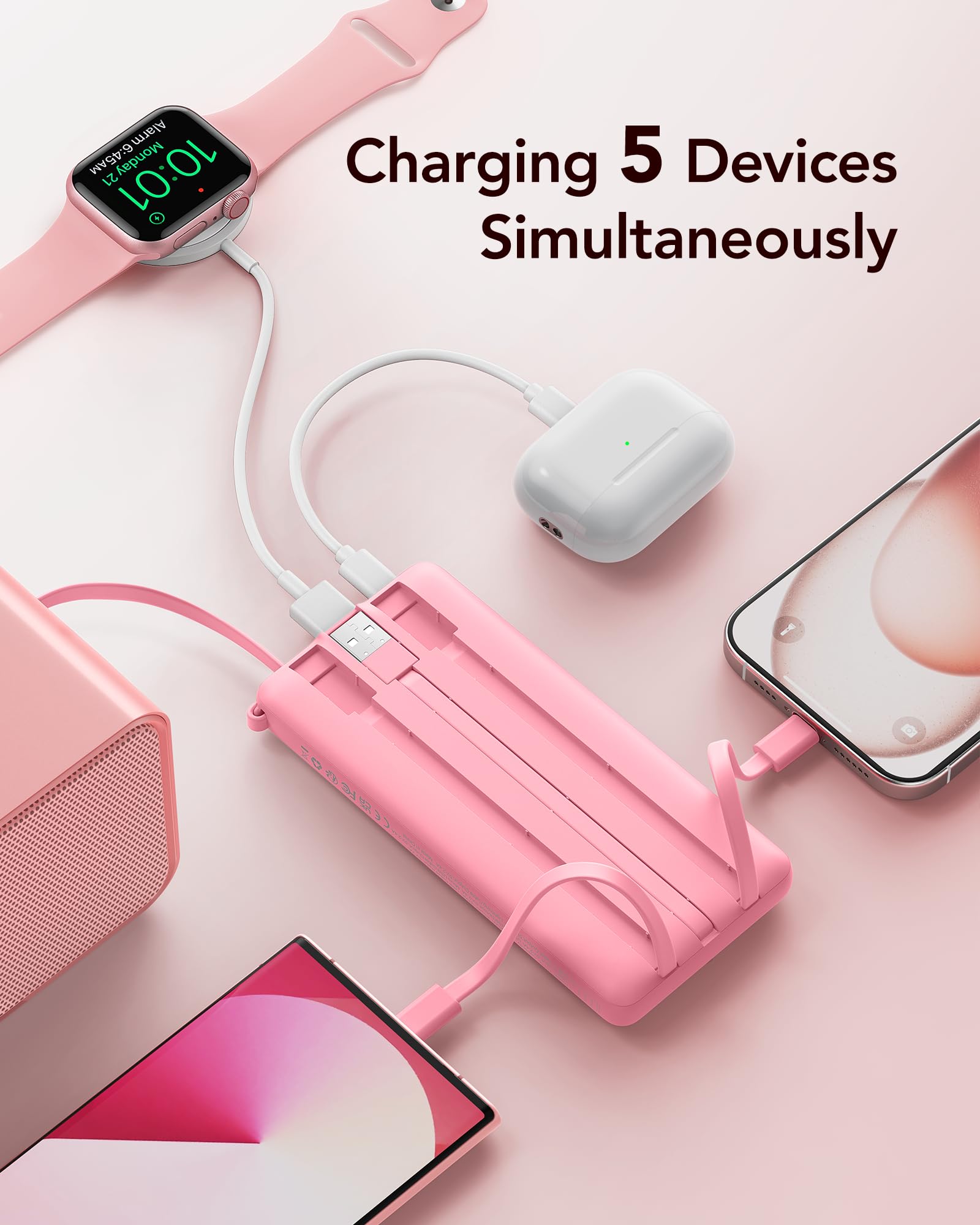 VRURC Portable Charger Power Bank, USB C Battery Pack 10000mAh, Flight-Safe Travel Essentials, 5 Outputs 2 Inputs Slim Phone Charging Bank Built-in Cables for Multi Devices-Lavender(1 Pack)