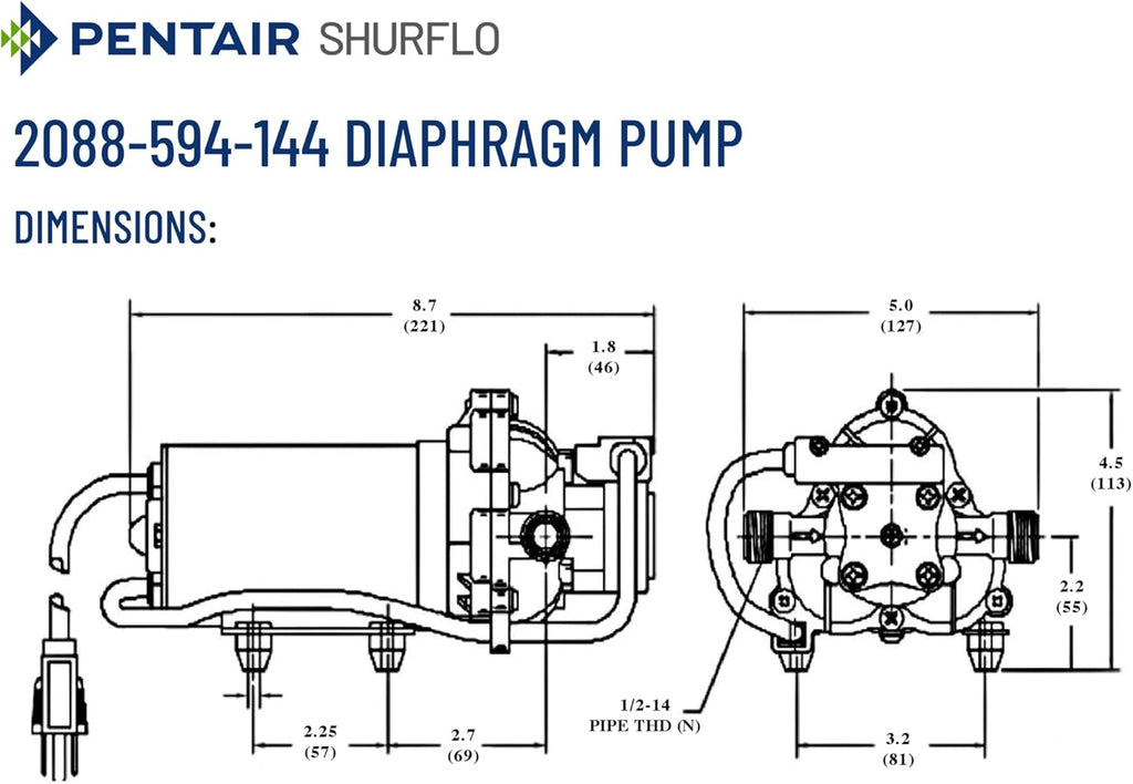 PENTAIR SHURFLO 2088-594-144 Diaphragm Pump, 115 VAC Water Pump, 3.0 GPM, 45 PSI Automatic Pressure Switch, Self-Priming up to 12 ft, 1/2"-14 NPSM Ports, Agricultural Spraying