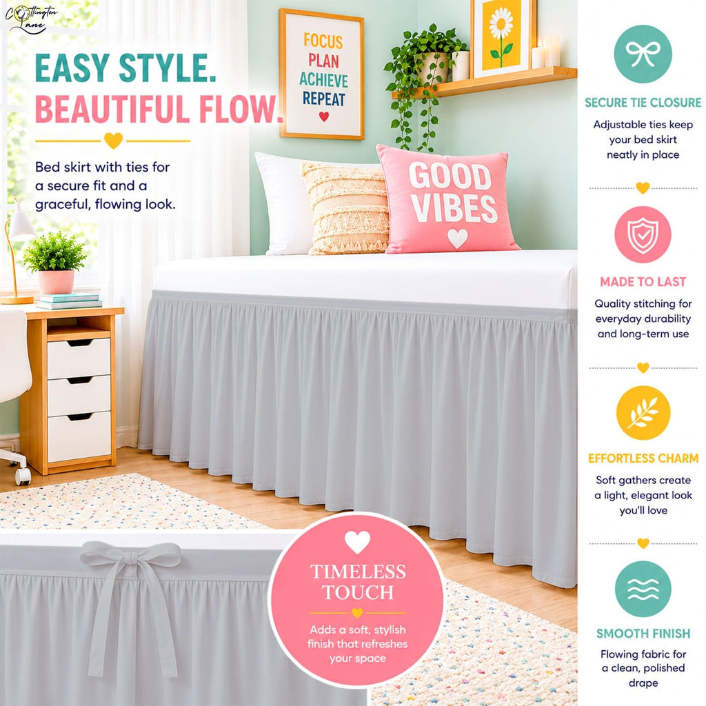 Cottington Lane Ruffled Dorm Room Bed Skirt Twin XL 25 Inch Drop, Hotel Quality Premium Brushed Microfiber Twin Extra Long College Dust Ruffle, White