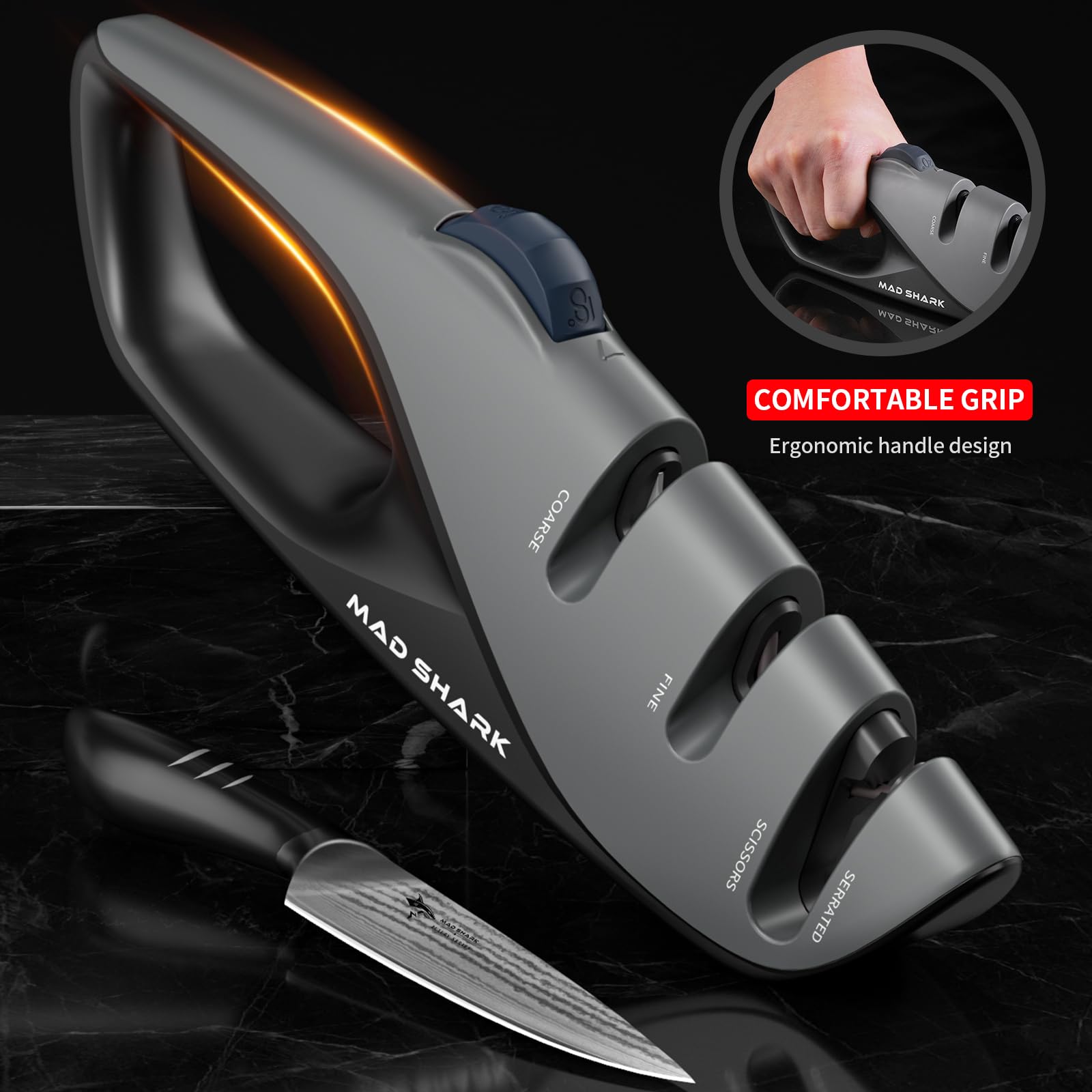 MAD SHARK 1-Button 3-Stage Knife Sharpener - Adjustable Diamond & Ceramic, No-Scratch ABS Body for All Kitchen/Pocket Knives,Repairs, Sharpens & Polishes,One-Handed Operation with Non-Slip Base