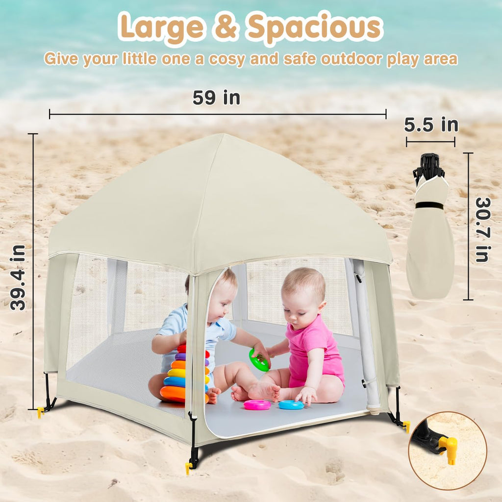 Pop Up Playpen for Baby, Portable Playpen for Babies and Toddlers with Removable Sun-Shades& 2 Side UV Covers, Lightweight Outdoor Baby Play-Pen for Beach Home with Travel Bag, Beige