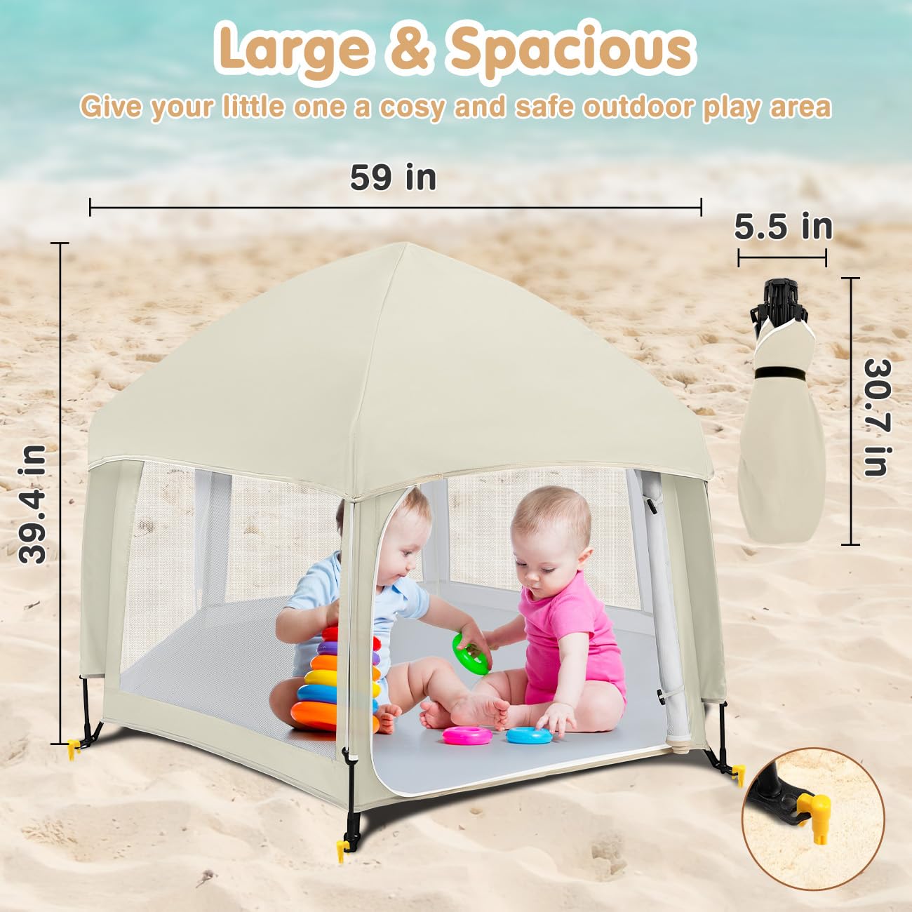Pop Up Playpen for Baby, Portable Playpen for Babies and Toddlers with Removable Sun-Shades& 2 Side UV Covers, Lightweight Outdoor Baby Play-Pen for Beach Home with Travel Bag, Beige