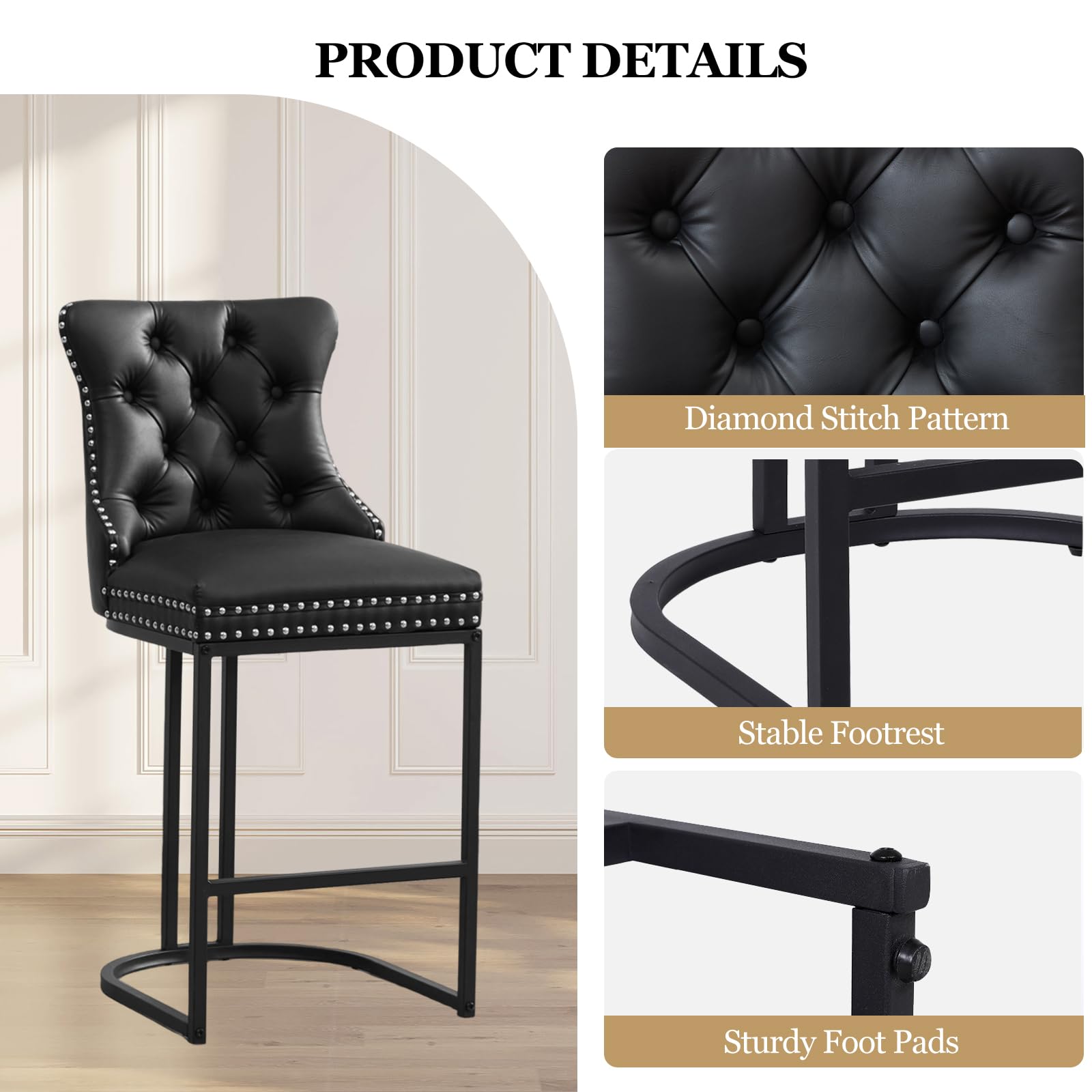 UVV Counter Height Bar Stools Set of 1, 26" Modern Barstools with Back, Velvet Upholstery Counter Chairs with Metal Legs for Kitchen Island, Bar, Counter, Beige