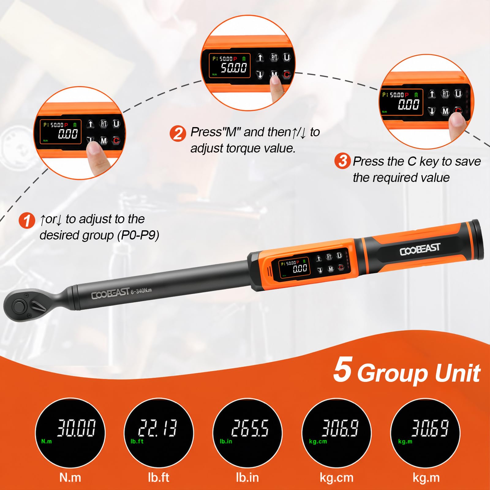Digital Torque Wrench, 1/2 Drive Electronic Torque Screwdriver with Preset Value(3.76-250.8 Ft.lbs./5.1-340Nm), Buzzer and LED Flash Five Units of Measure Torque Wrench for Motorcycle, Auto Repair