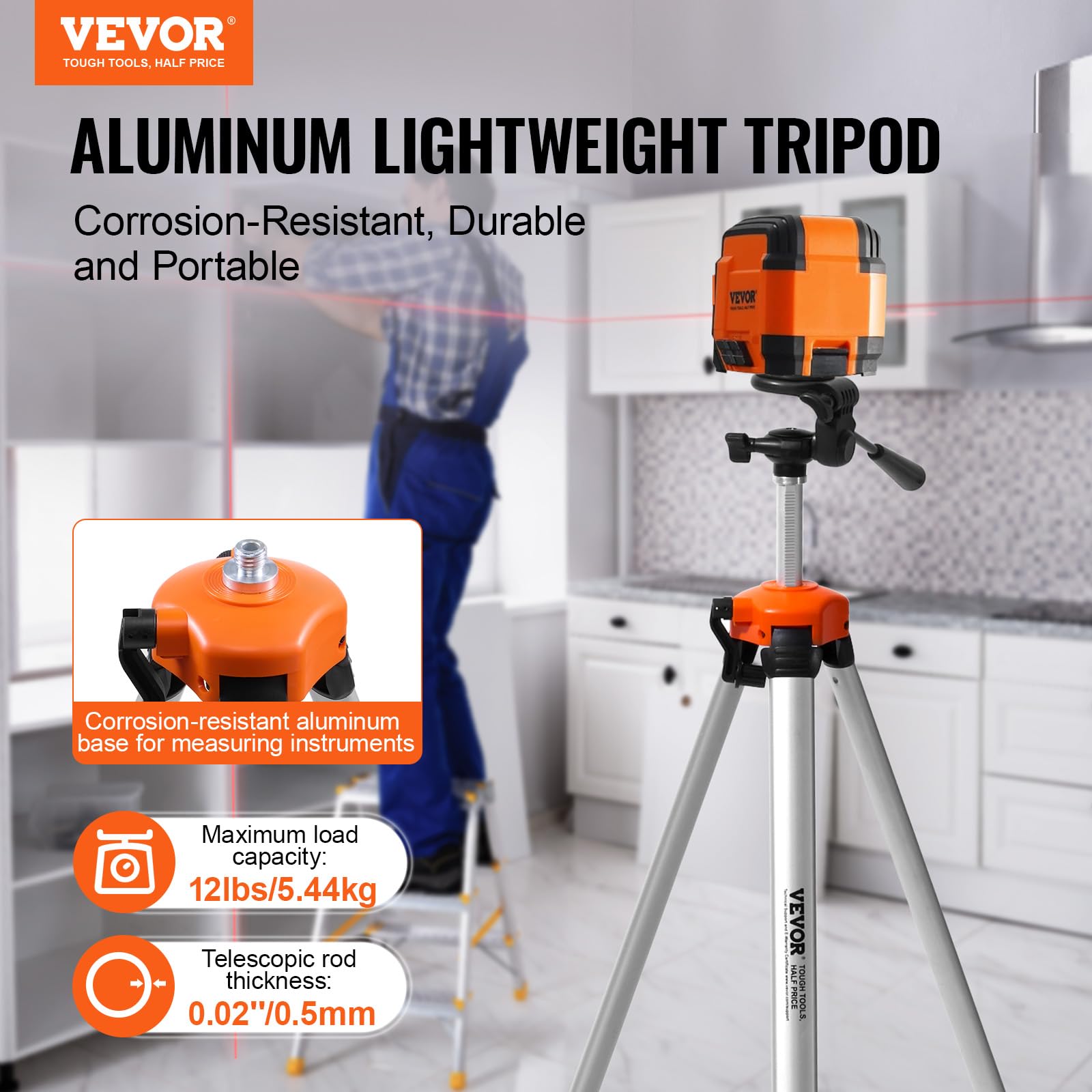 VEVOR Laser Level Tripod Stand, 5/8"-11 Thread Mount, 16.53-65.55 inch Height Adjustment Heavy Duty Survey Tripod for Construction Laser Level Scanner, Retractable Legs Non-Skid Feet Professional