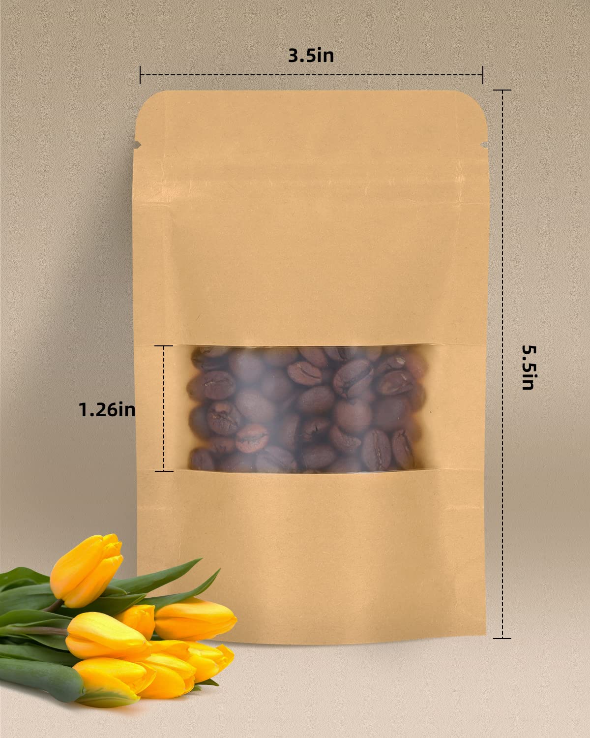 50pcs Kraft Bags with Window 3.5x5.5 Inches Brown Reusable Sealable Zip Lock Food Storage Stand up Paper Pouches for Home or Business