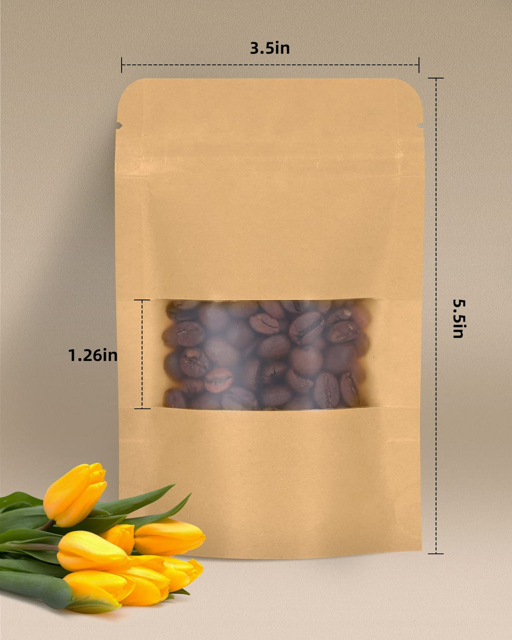 50pcs Kraft Bags with Window 3.5x5.5 Inches Brown Reusable Sealable Zip Lock Food Storage Stand up Paper Pouches for Home or Business