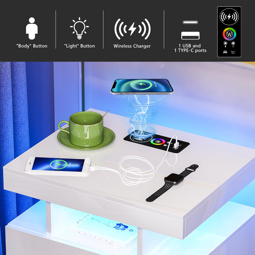HNEBC LED Nightstand with Charging Station,Smart Bedside Table with Motion Sensor Lights,3 Drawers,Tempered Glass Top,High Gloss End Table with 3 Color Lights for Bedroom, Living Room,Office-Black
