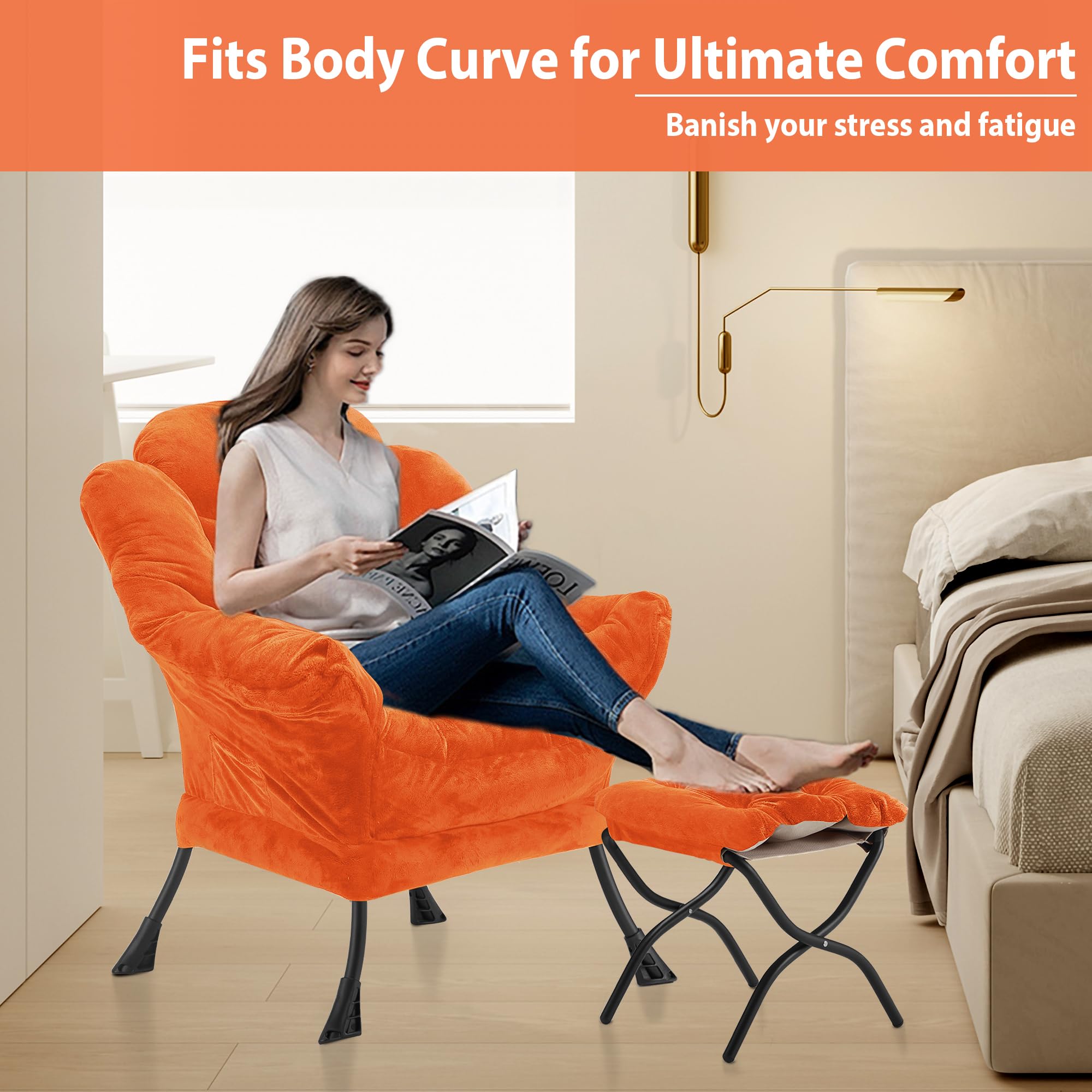 Youtanic Lazy Chair with Folding Ottoman, Accent Chair Velvet Upholstered with Metal Structure and Non-Slip Pads, Sofa Armchair with Footrest and Side Storage Bag for Dorm, Room, Office, Beige