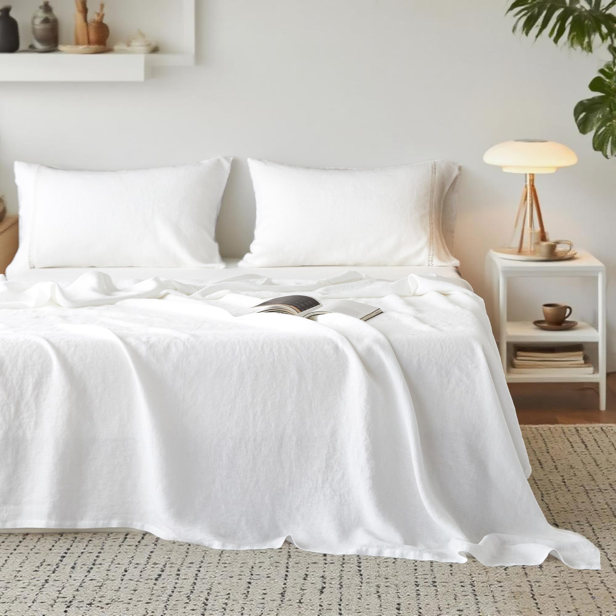 Simple&Opulence 100% Pure Linen Sheet Set Twin Size, Natural French Flax Solid Color 3 Pcs Washed Breathable, Farmhouse Bedding (1 Flat Sheet,1 Fitted Sheet,1 Pillowcase)-Embroidery Dark Grey