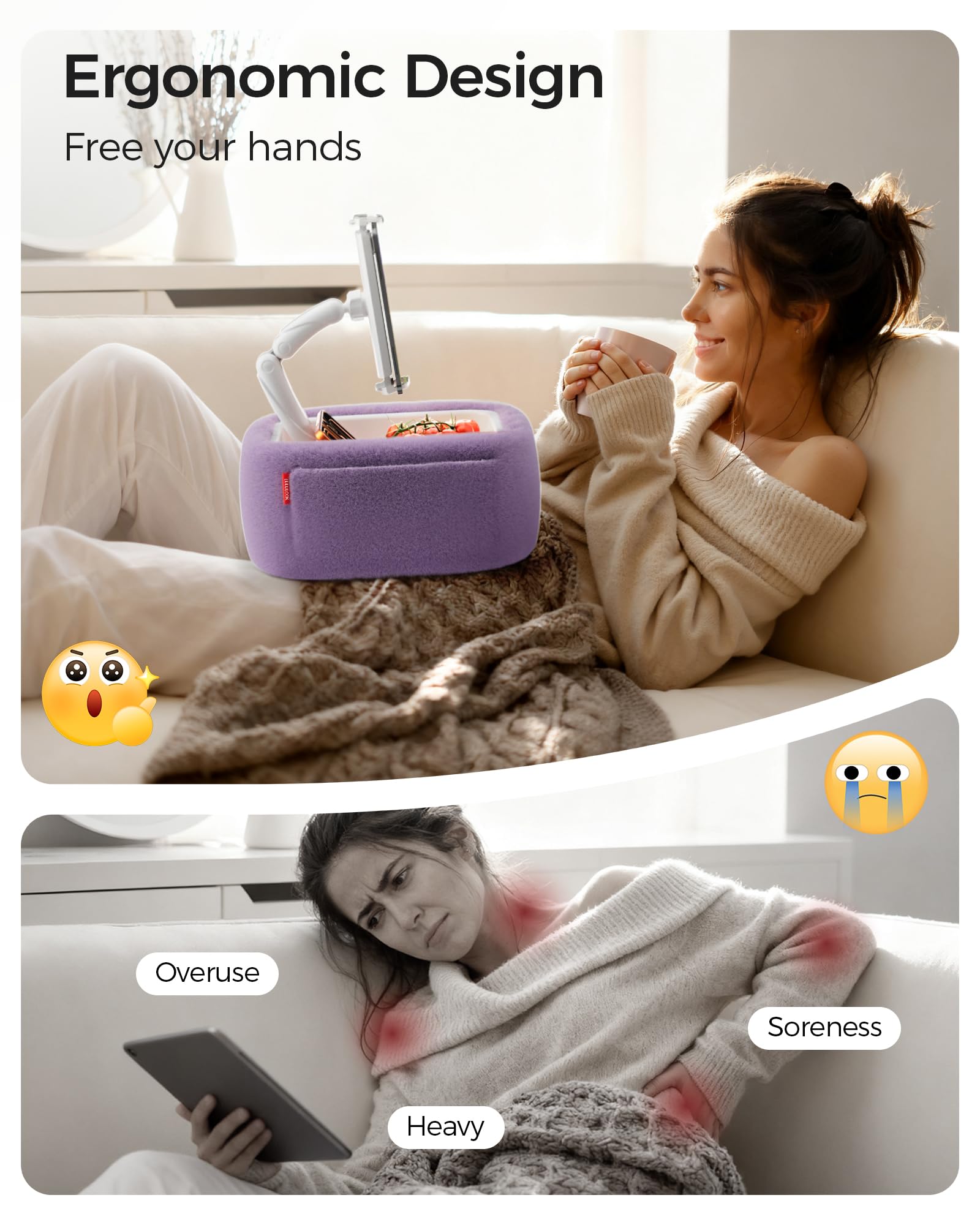 LULULOOK Tablet Pillow Stand, Compatible with iPad, iPhone and 4.7-14.6”Tablet, 360° Adjustable Kindle Pillow Stand for Bed with Ultra Fluffy Fabric & Snack Bowl (Cloudy White)