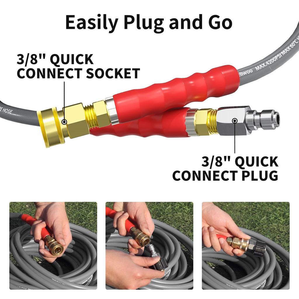 Pressure Washer Hose 25FT, 4200PSI High Tensile Wire Braid Kink Resistant Power Washer Extension Hose, 1/4'' Flexible Replacement Hose with M22-14mm Brass Swivel Thread and 3/8 Quick Connect