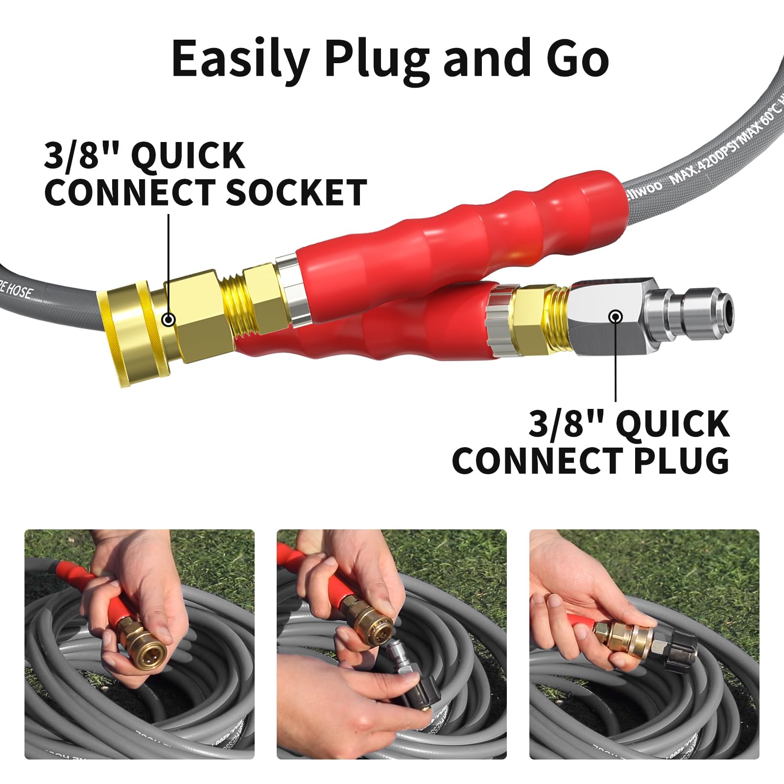 Pressure Washer Hose 25FT, 4200PSI High Tensile Wire Braid Kink Resistant Power Washer Extension Hose, 1/4'' Flexible Replacement Hose with M22-14mm Brass Swivel Thread and 3/8 Quick Connect