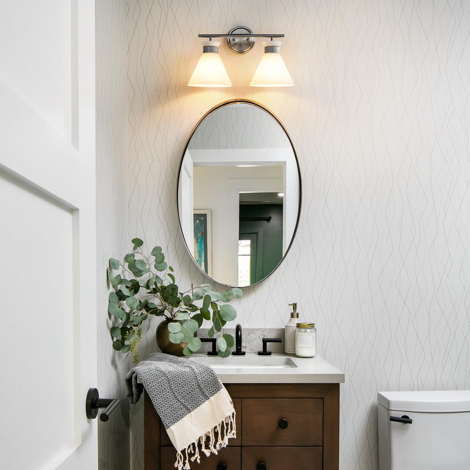 WOSHITU Gold Bathroom Light Fixtures: Modern Vanity Lighting Fixtures 2 Lights for Bathroom Mid Century Vanity Light Sconces Over Mirror with Frosted Milky Glass for Bath Bedroom Makeup
