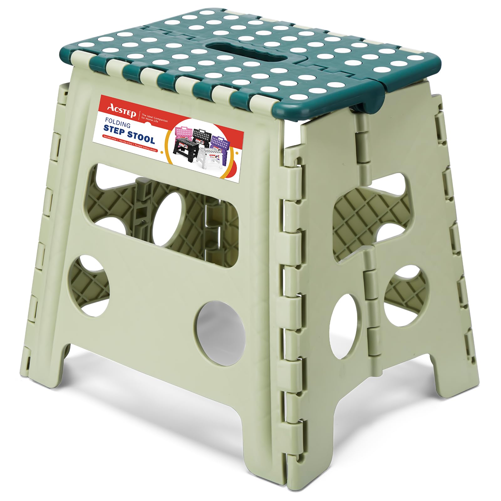 ACSTEP 9 Inch Folding Step Stool 300 LB Capacity Plastic Foldable Step Stools for Kids and Adults, Folding Stool Suitable for Kitchen, Stepping Stool with Handle Bicolor Green Small Step Stool 1PC