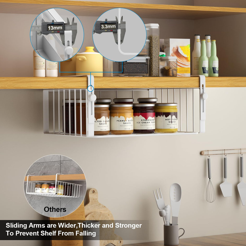 AmonHouseware 2Pack Under Shelf Basket Organizer,Adjustable Hanging Holder Storage for Cabinet Pantry Kitchen Cupboard Desk Counter Bookshelf Organization Add-on Space Saver Heavy Duty Slide-in,Black