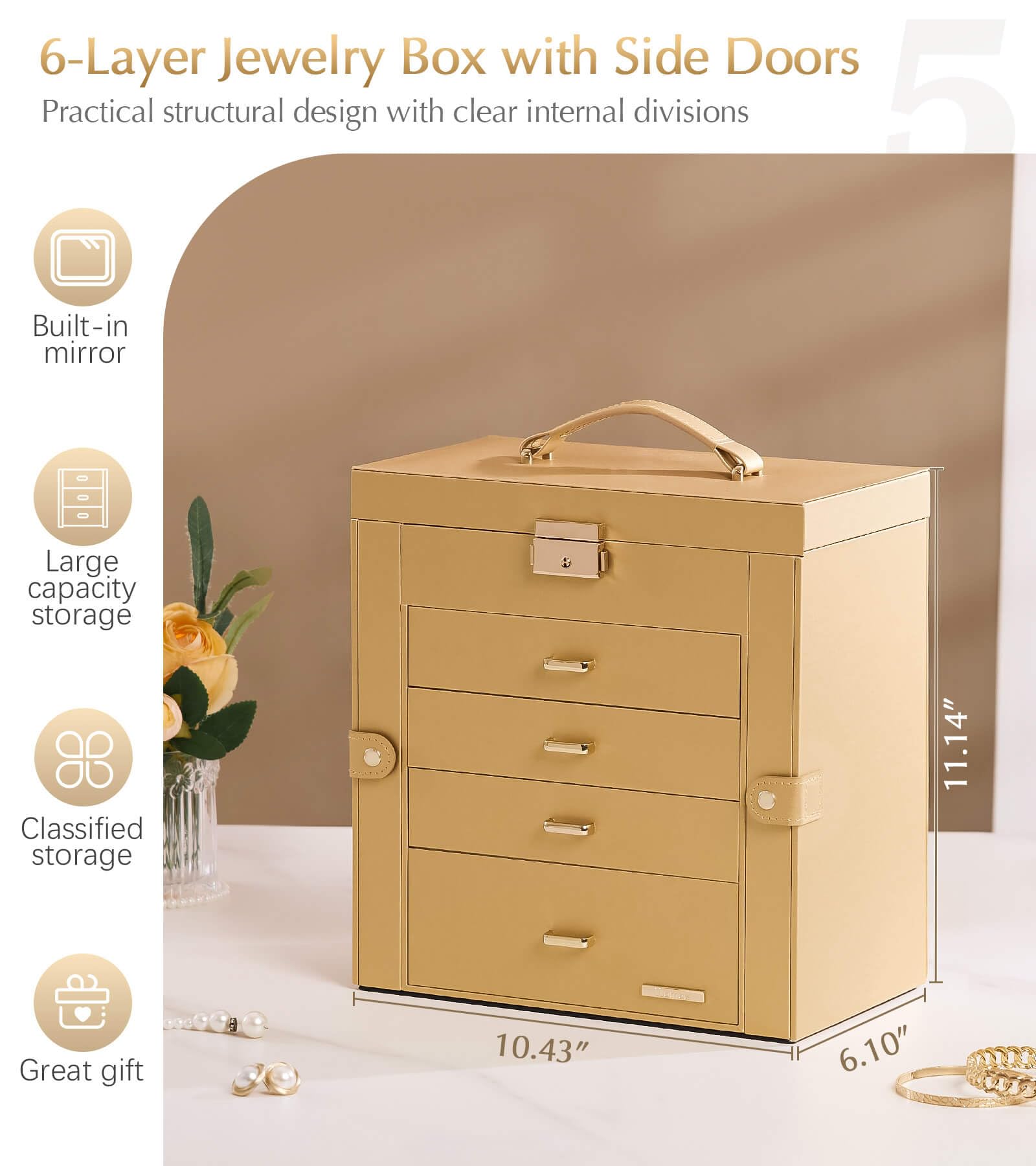 Homde Mothers Day Gifts Synthetic Leather Huge Jewelry Box Mirrored Watch Organizer Necklace Ring Earring Storage Lockable Gift Case (Black + Gold)
