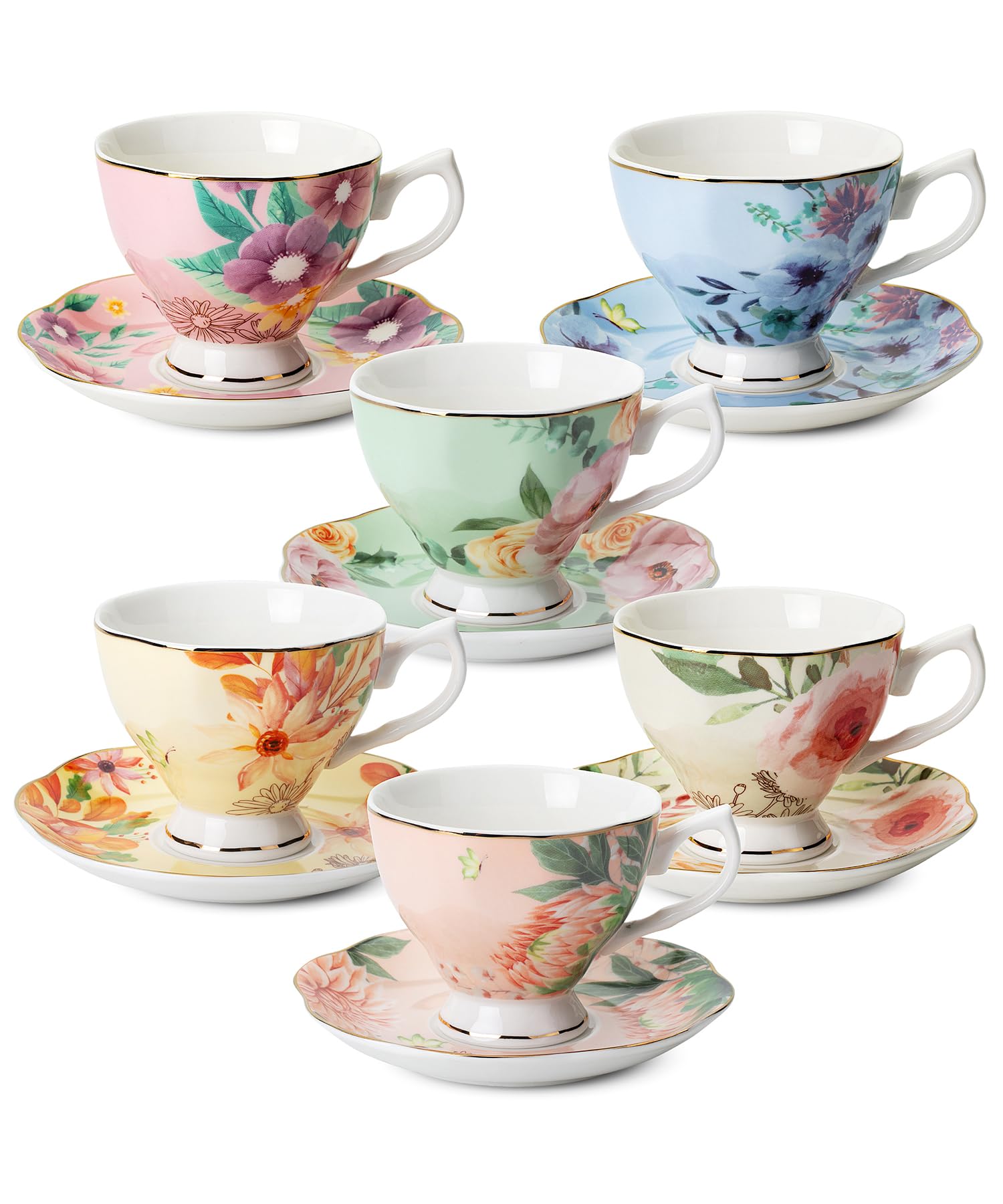 BTaT- Tea Cups and Saucers, Set of 6 with Spoon, 8 oz, Fine Porcelain Teacup Set with Gold Trim for Afternoon Tea, Weddings, Parties & Gifting, Dishwasher Safe, Lightweight, Non-Toxic