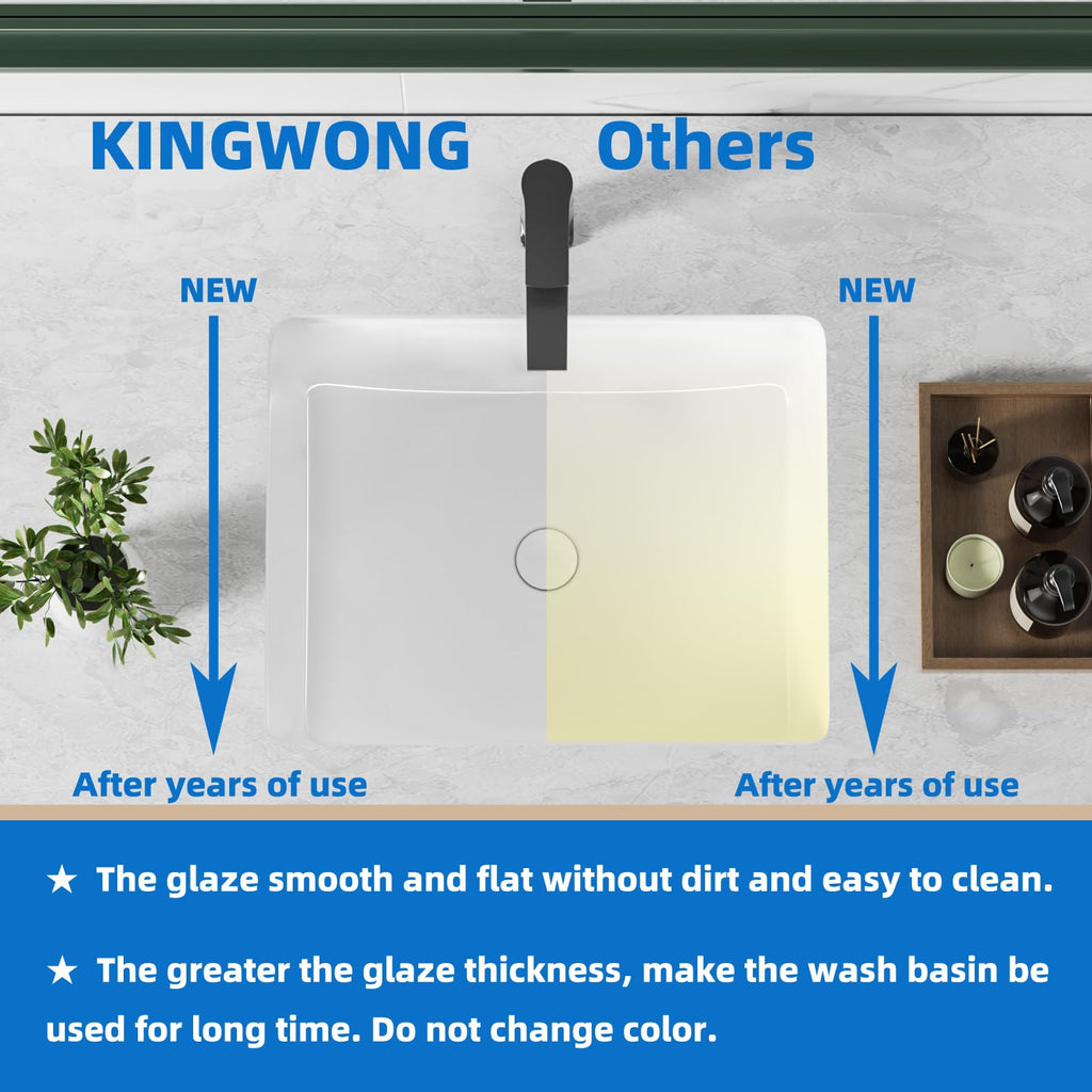 KINGWONG 14 Inch Small Square Undermount Bathroom Sink, 13.75" Ceramic White Porcelain Under Counter Basin for Vanity, Modern Rectangular Sink with Overflow Hole, Easy to Clean, Interior 11.5" x 11.5"