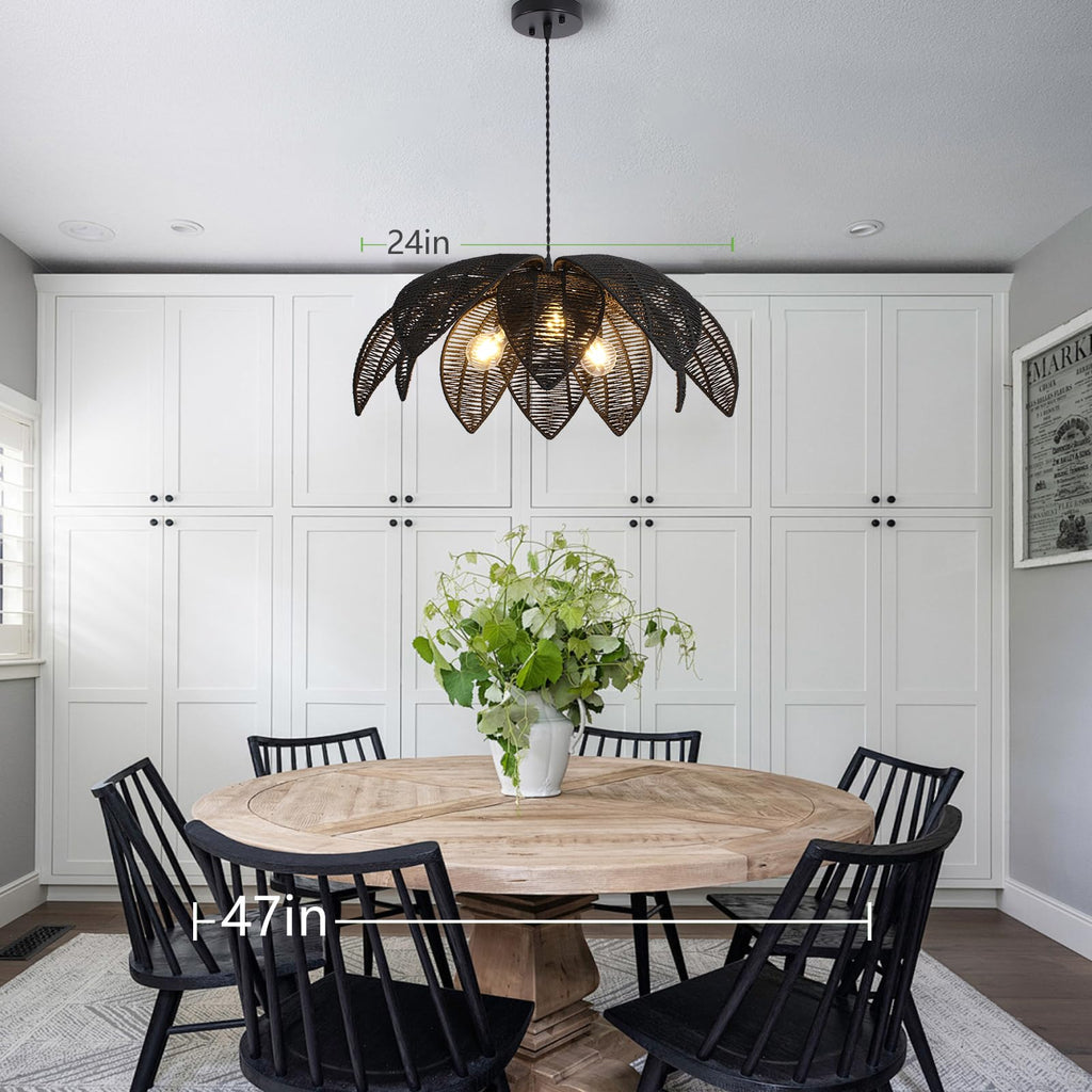 Farmhouse Chandeliers for Dining Room, 3-Light Rattan Boho Chandelier Light Fixture Hand Woven Wicker Pendant Light 24", Coastal Hanging Pendant Light for Kitchen Island Bedroom Living Room