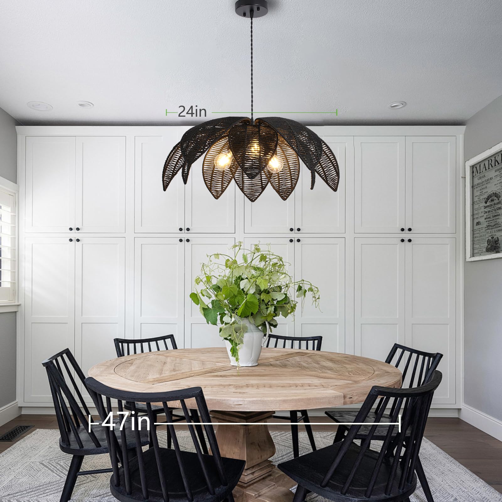 Farmhouse Chandeliers for Dining Room, 3-Light Rattan Boho Chandelier Light Fixture Hand Woven Wicker Pendant Light 24", Coastal Hanging Pendant Light for Kitchen Island Bedroom Living Room