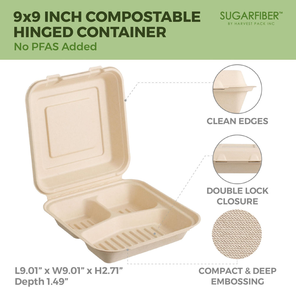 [50 COUNT]Harvest Pack 6 X 6" Compostable Clamshell Take Out Food Containers, PFAS FREE Square To go Containers with Lids, Heavy-Duty Disposable Bagasse Bento Cake Box, Eco-Friendly Sugarcane Fibers