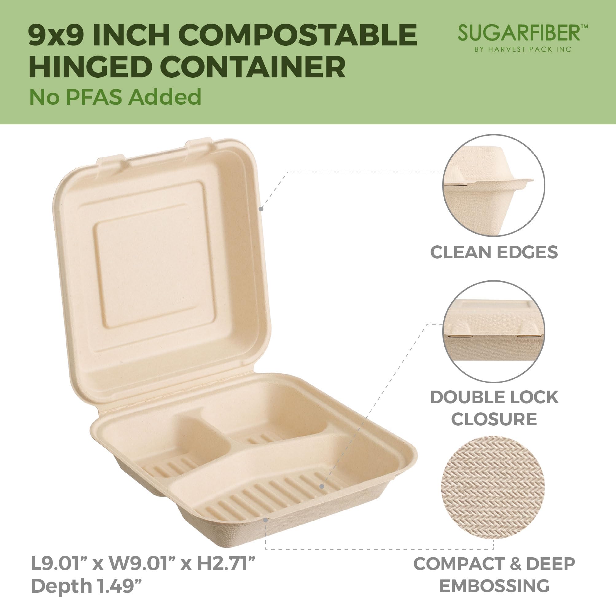 [50 COUNT]Harvest Pack 6 X 6" Compostable Clamshell Take Out Food Containers, PFAS FREE Square To go Containers with Lids, Heavy-Duty Disposable Bagasse Bento Cake Box, Eco-Friendly Sugarcane Fibers