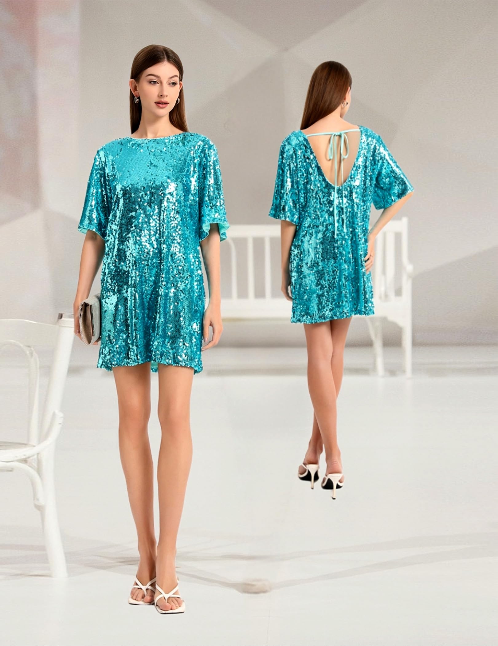Women's Crew Neck Sequin Dress for Women Sexy V Neck Shirt Dress Sparkly Half Sleeve Loose Party Club Cocktail Dress